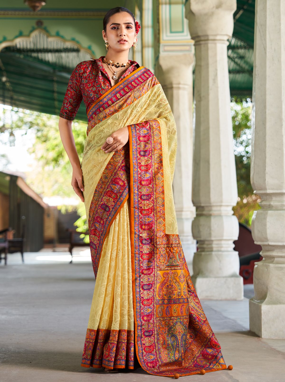 Dark Cream Premium Georgette Saree With Lucknowi Chikan Work