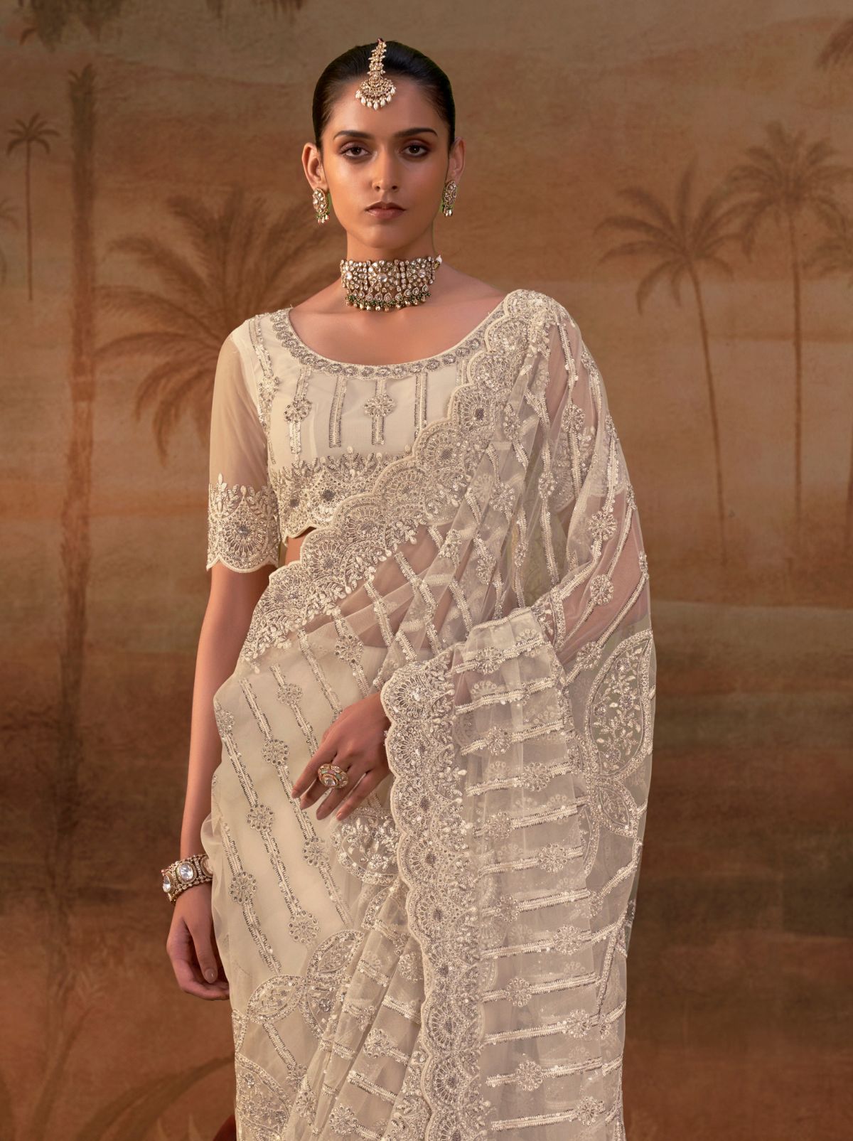 Beige Premium Net Saree with Heavy Embroidery & Zarkan Work
