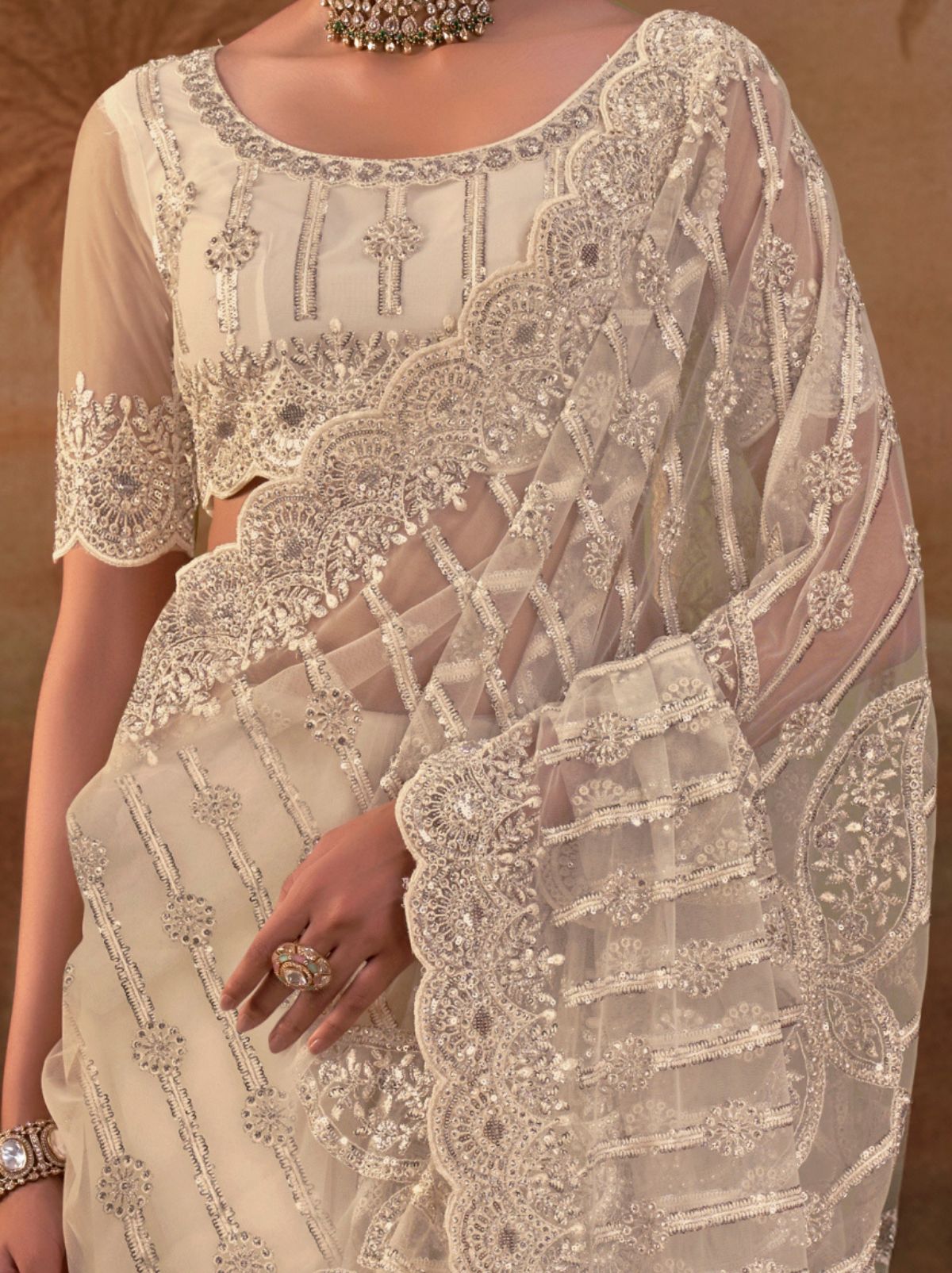 Beige Premium Net Saree with Heavy Embroidery & Zarkan Work - TrendOye