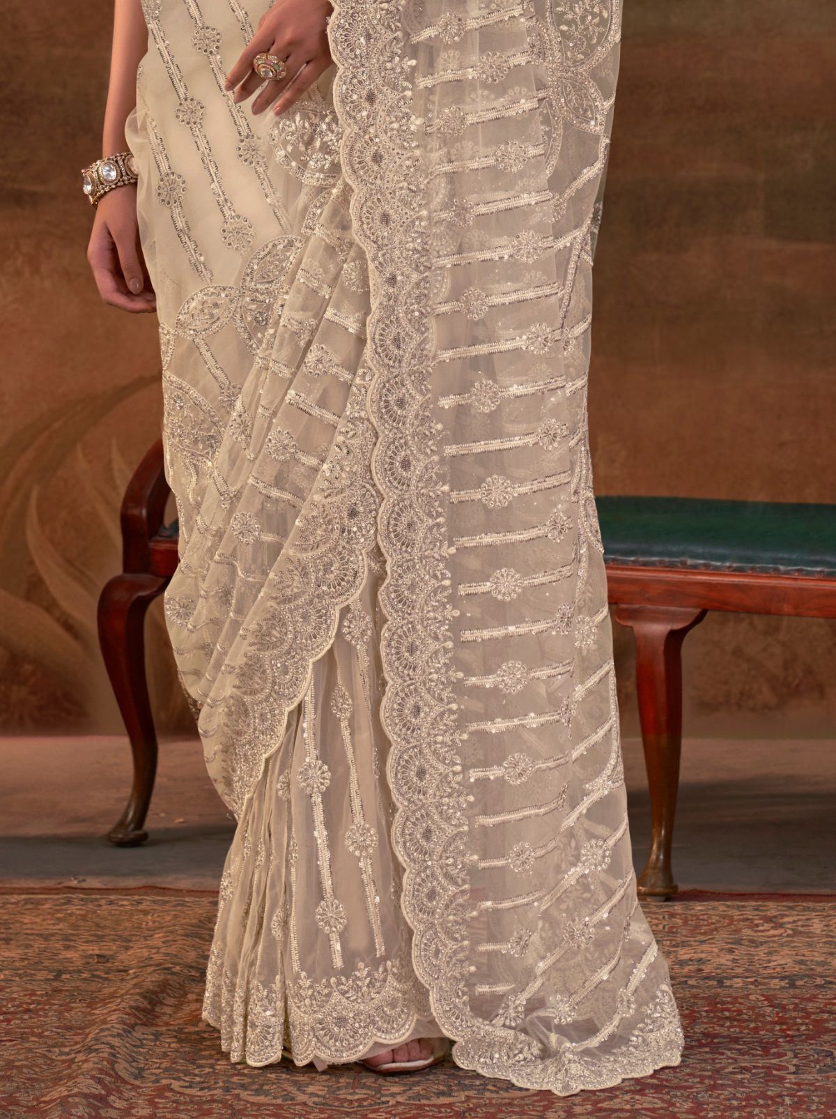 Beige Premium Net Saree with Heavy Embroidery & Zarkan Work - TrendOye