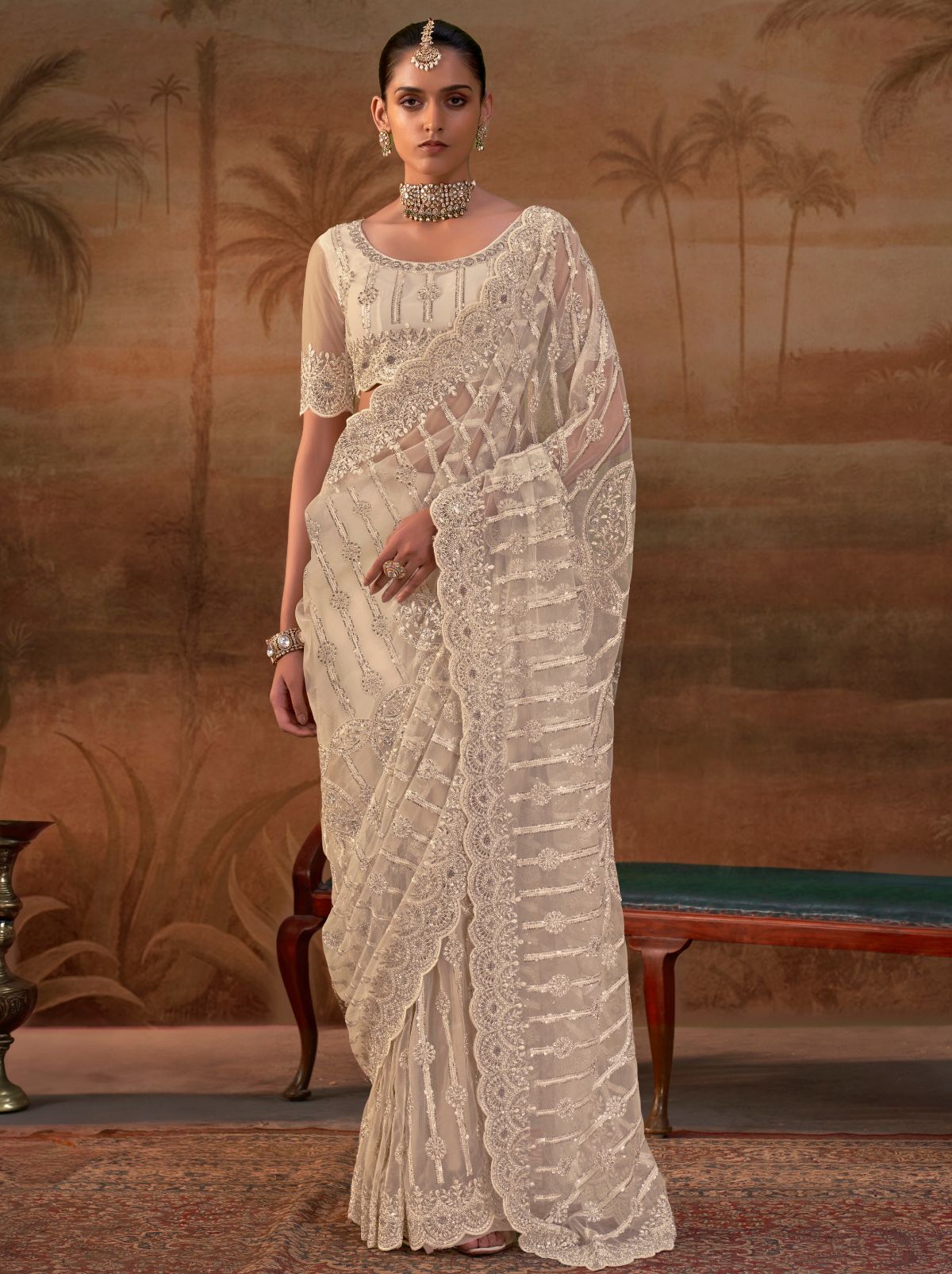 Beige Premium Net Saree with Heavy Embroidery & Zarkan Work