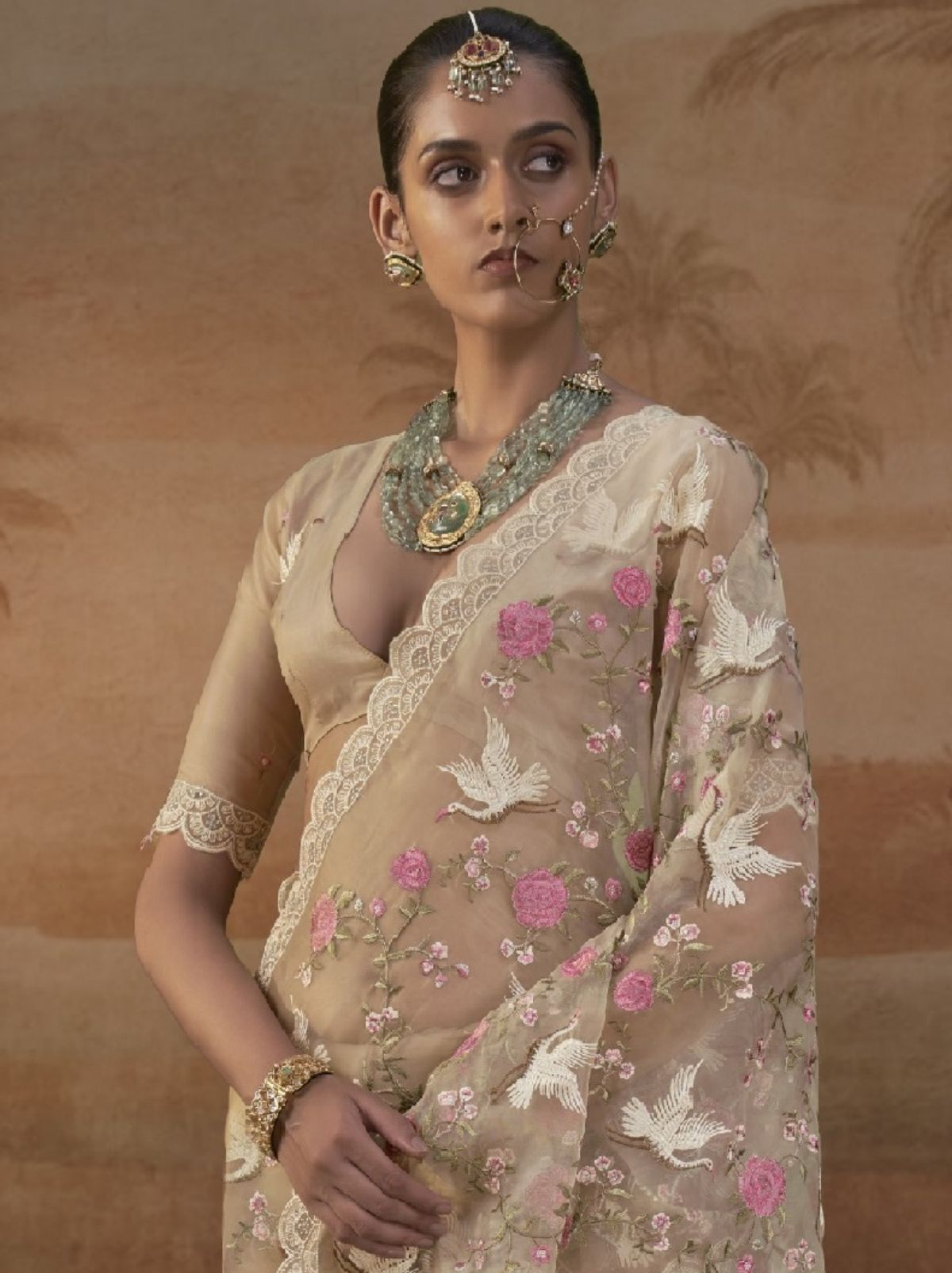Beige Premium Organza Silk Saree with Floral Embroidery