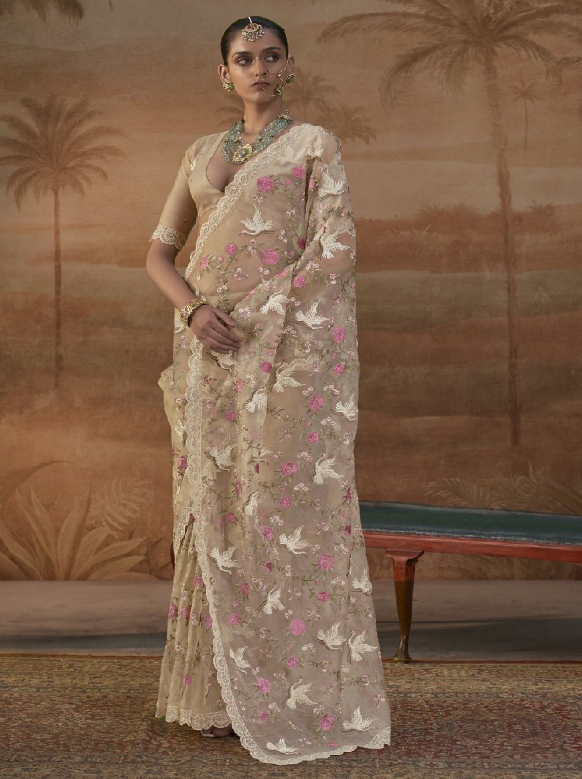 Beige Premium Organza Silk Saree with Floral Embroidery