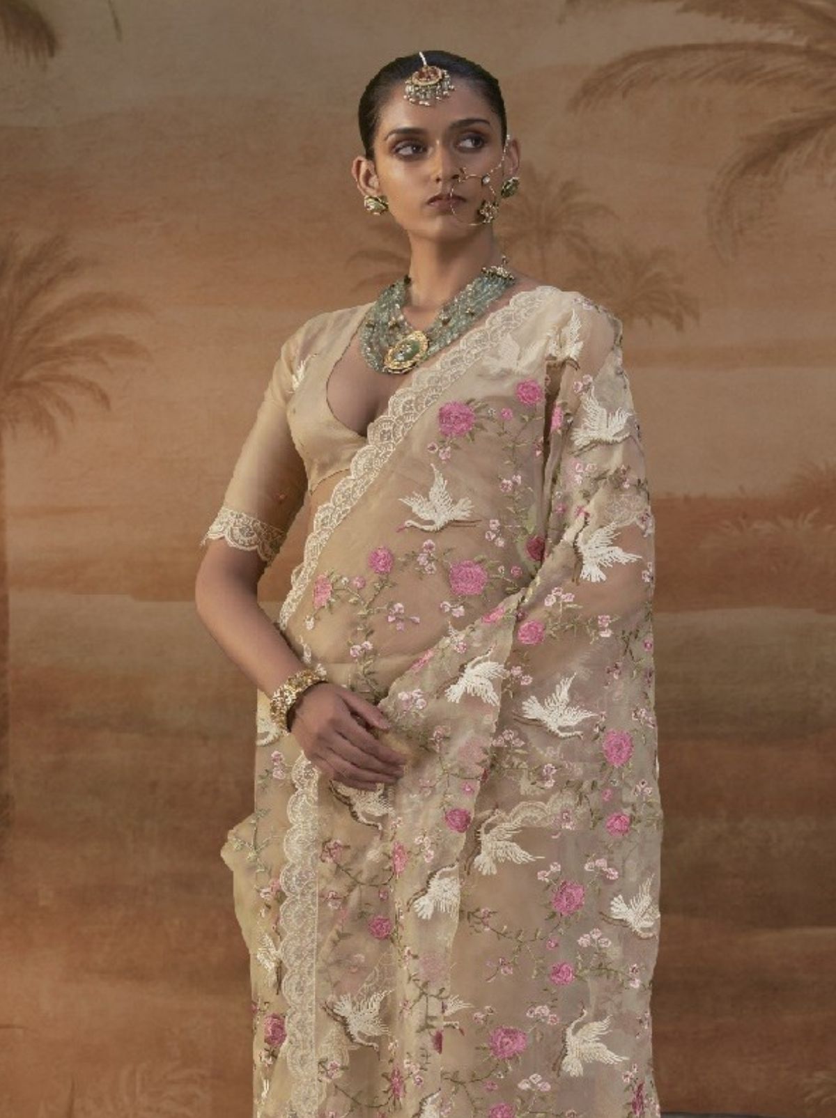 Beige Premium Organza Silk Saree with Floral Embroidery