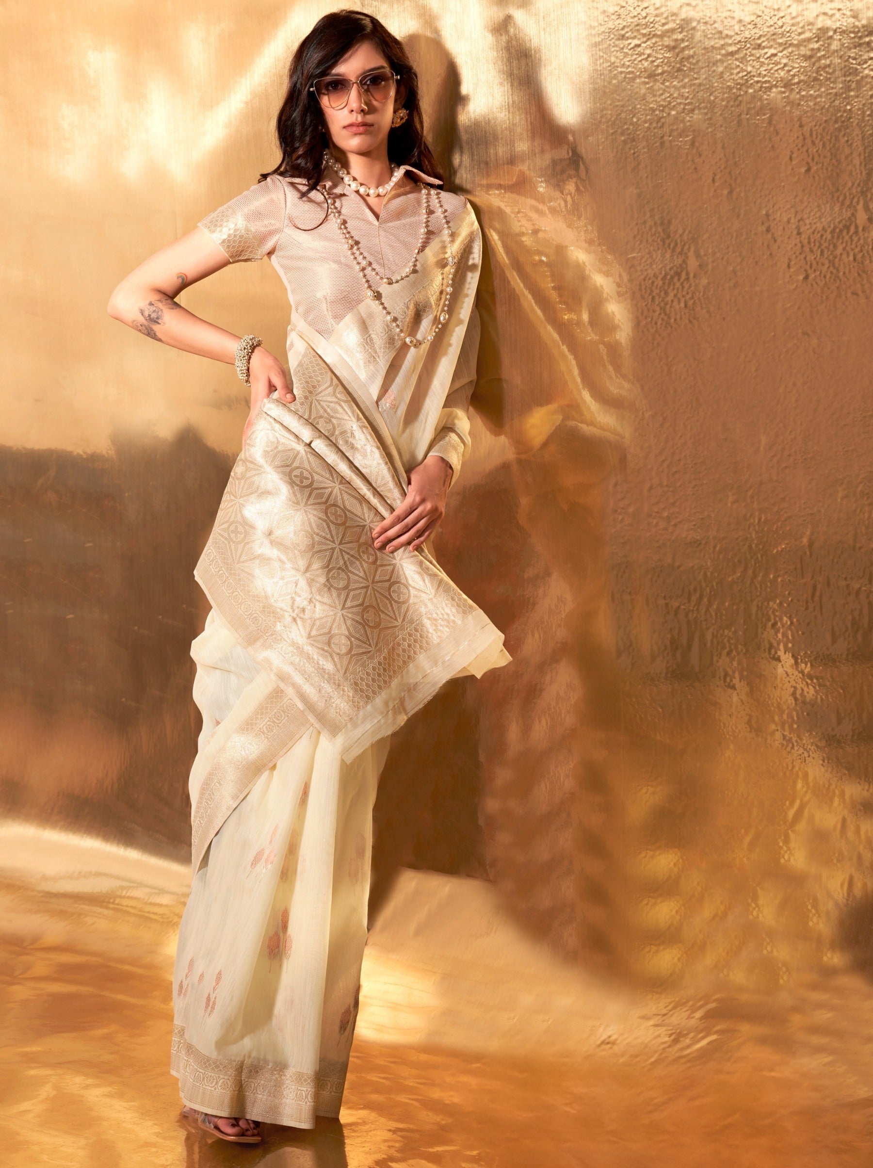 Beige Designer Linen Silk Saree With Blouse Piece
