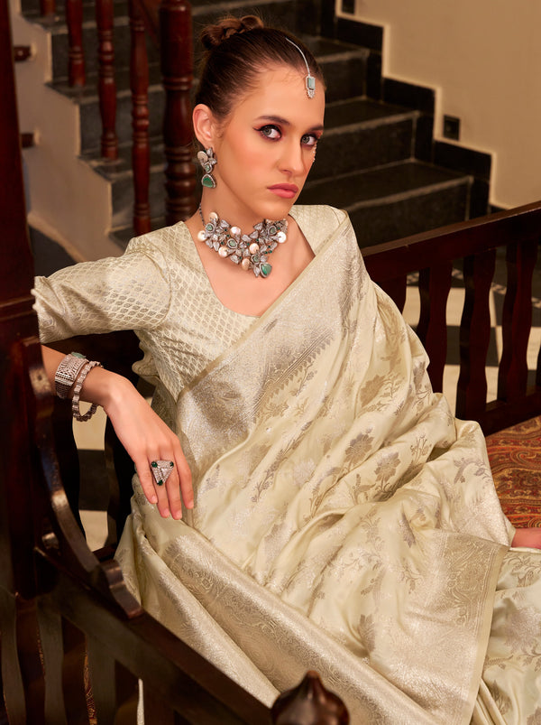 Beige Soft Silk Designer Saree With Soft Zari Work - TrendOye