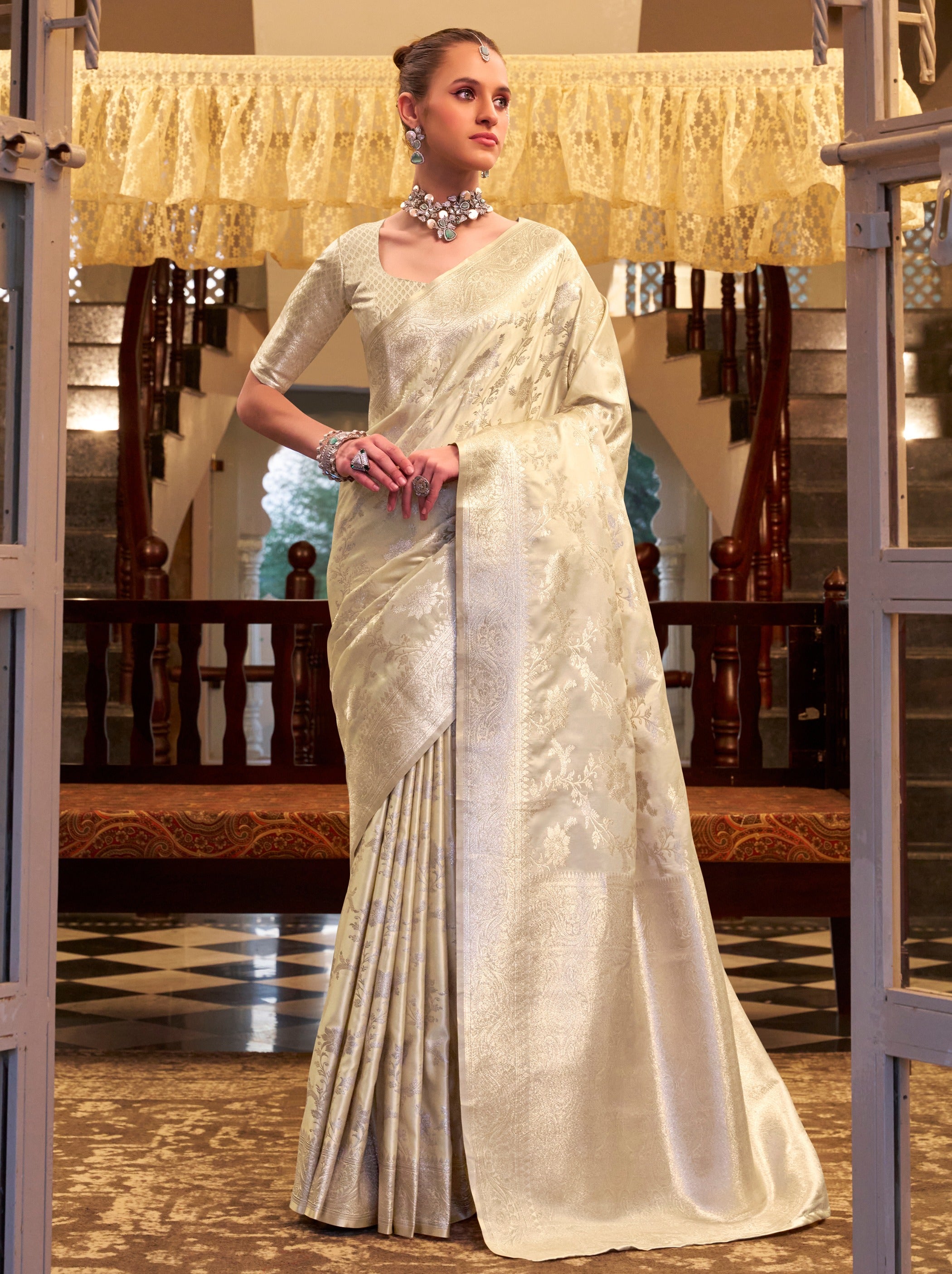 Beige Soft Silk Designer Saree With Soft Zari Work - TrendOye