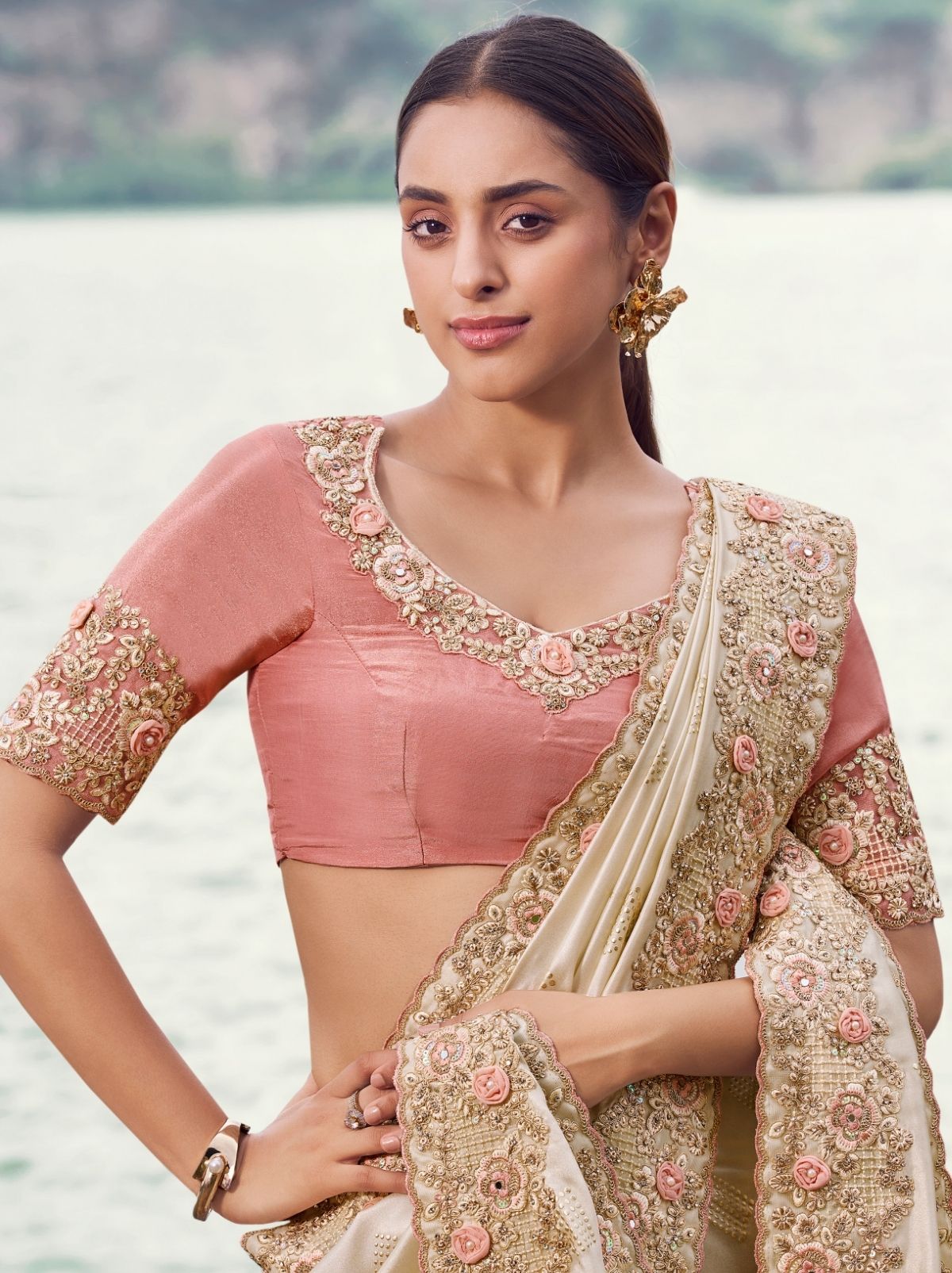 Light Beige Premium Satin Silk Saree With Blouse Piece