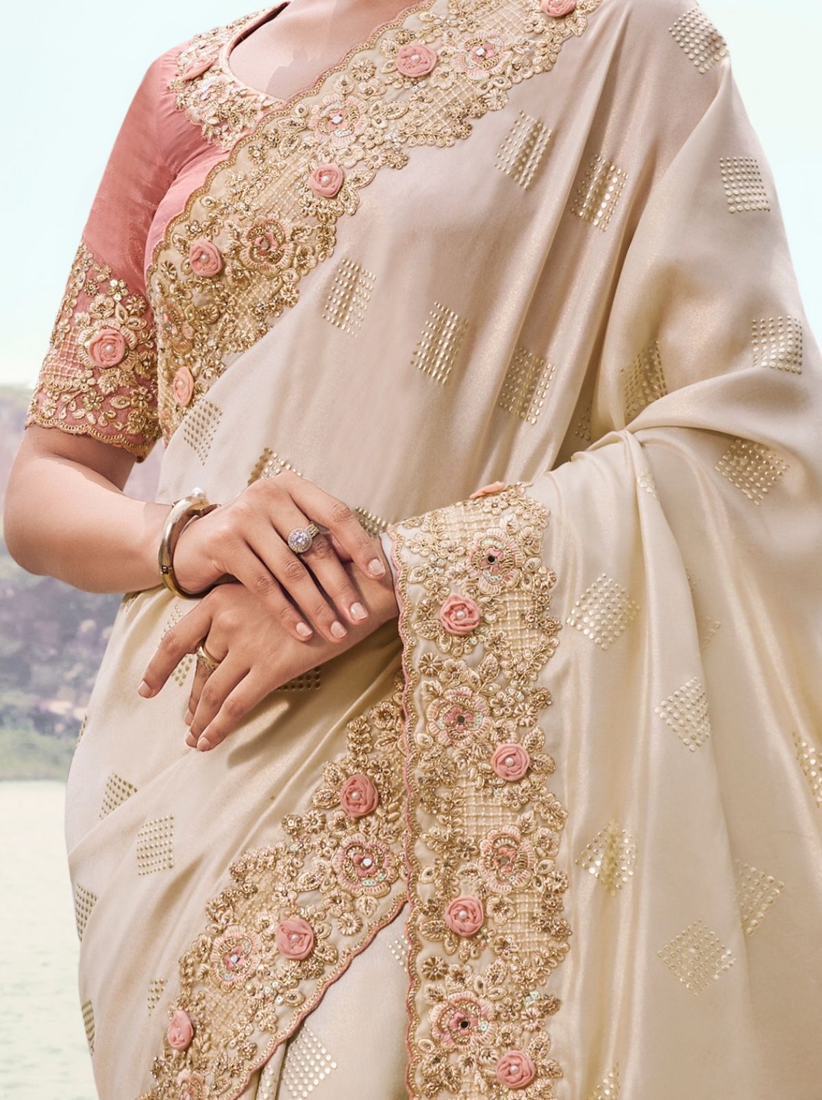 Light Beige Premium Satin Silk Saree With Blouse Piece