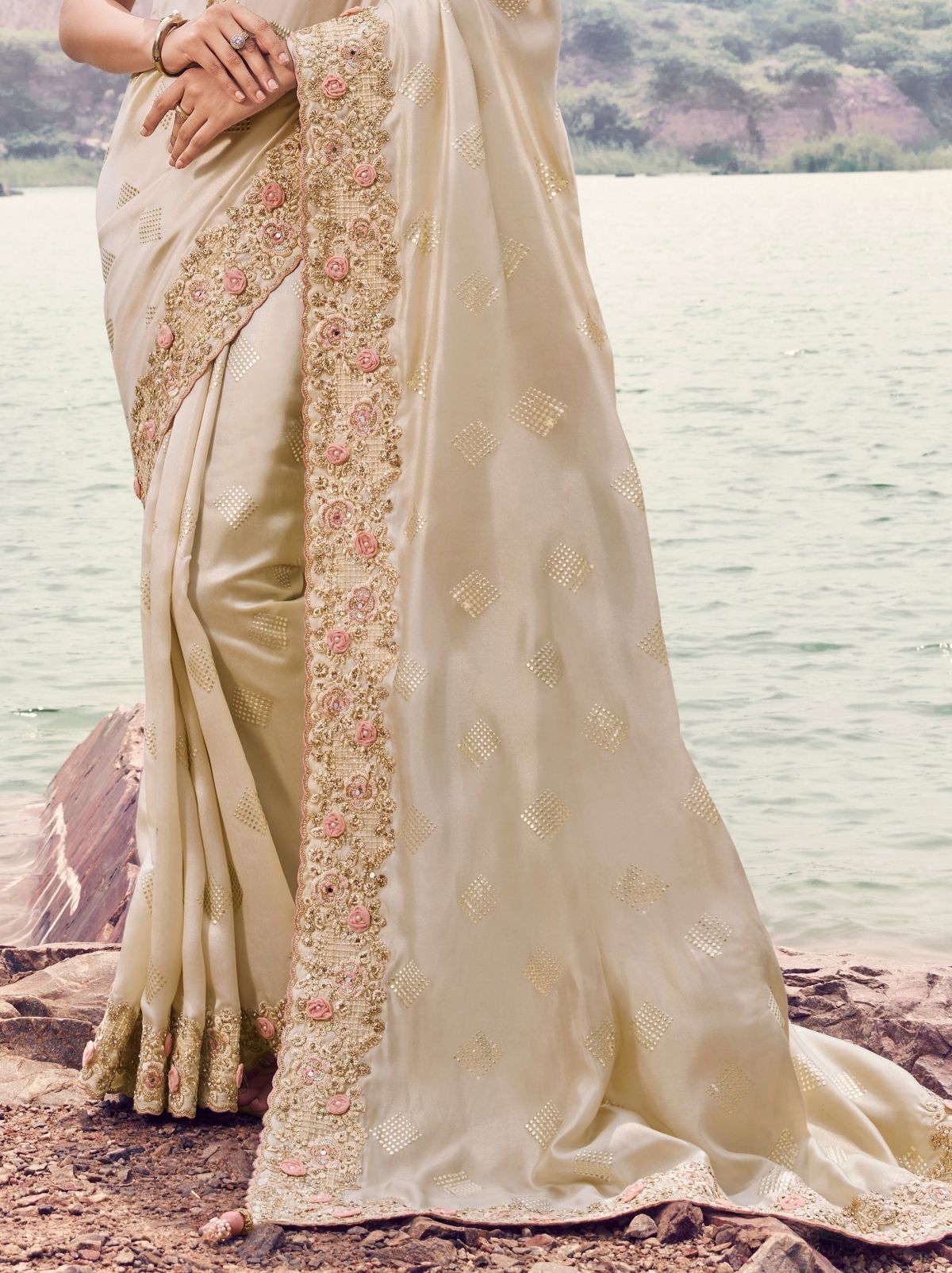 Light Beige Premium Satin Silk Saree With Blouse Piece