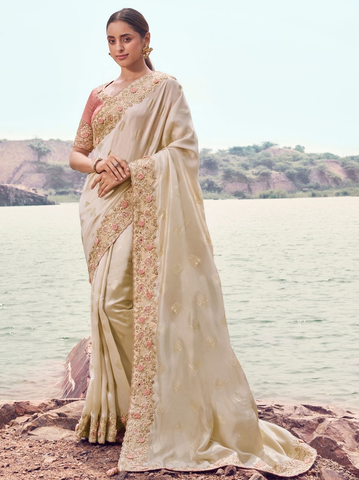 Light Beige Premium Satin Silk Saree With Blouse Piece