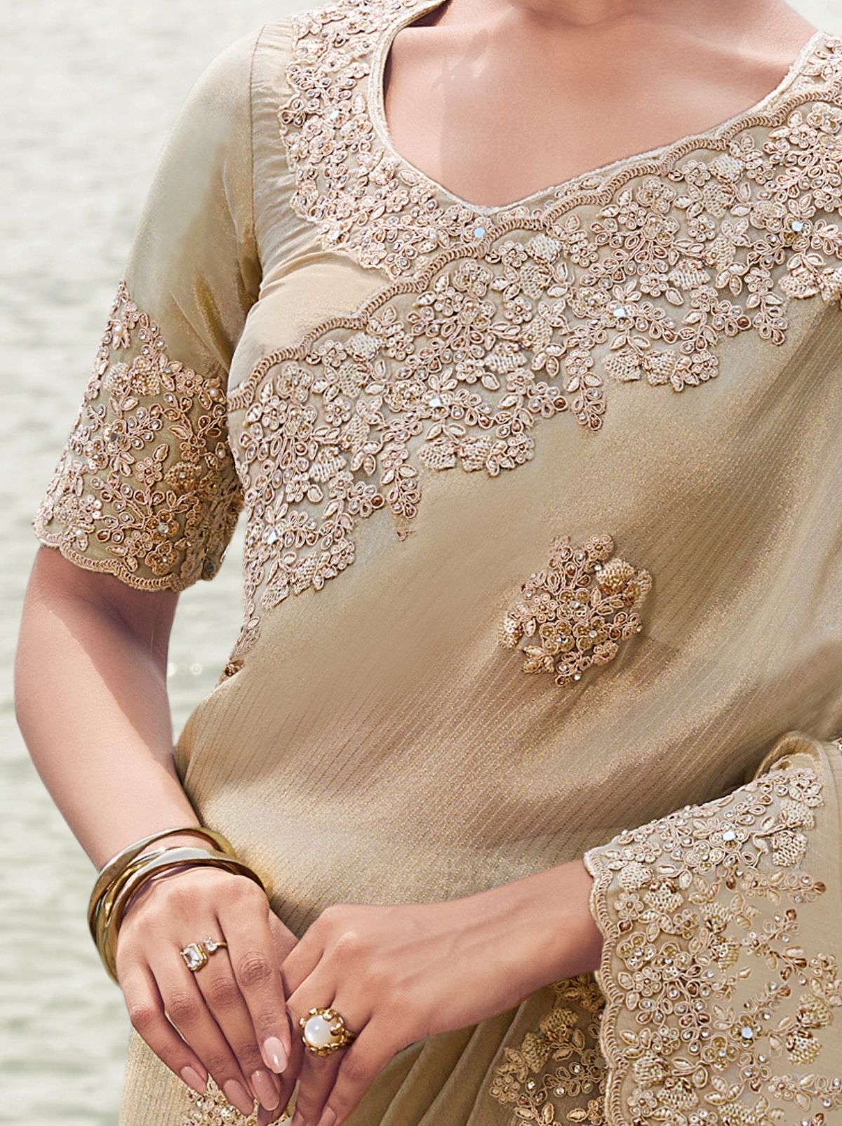 Parchment Beige Premium Tissue Silk Saree With Blouse Piece