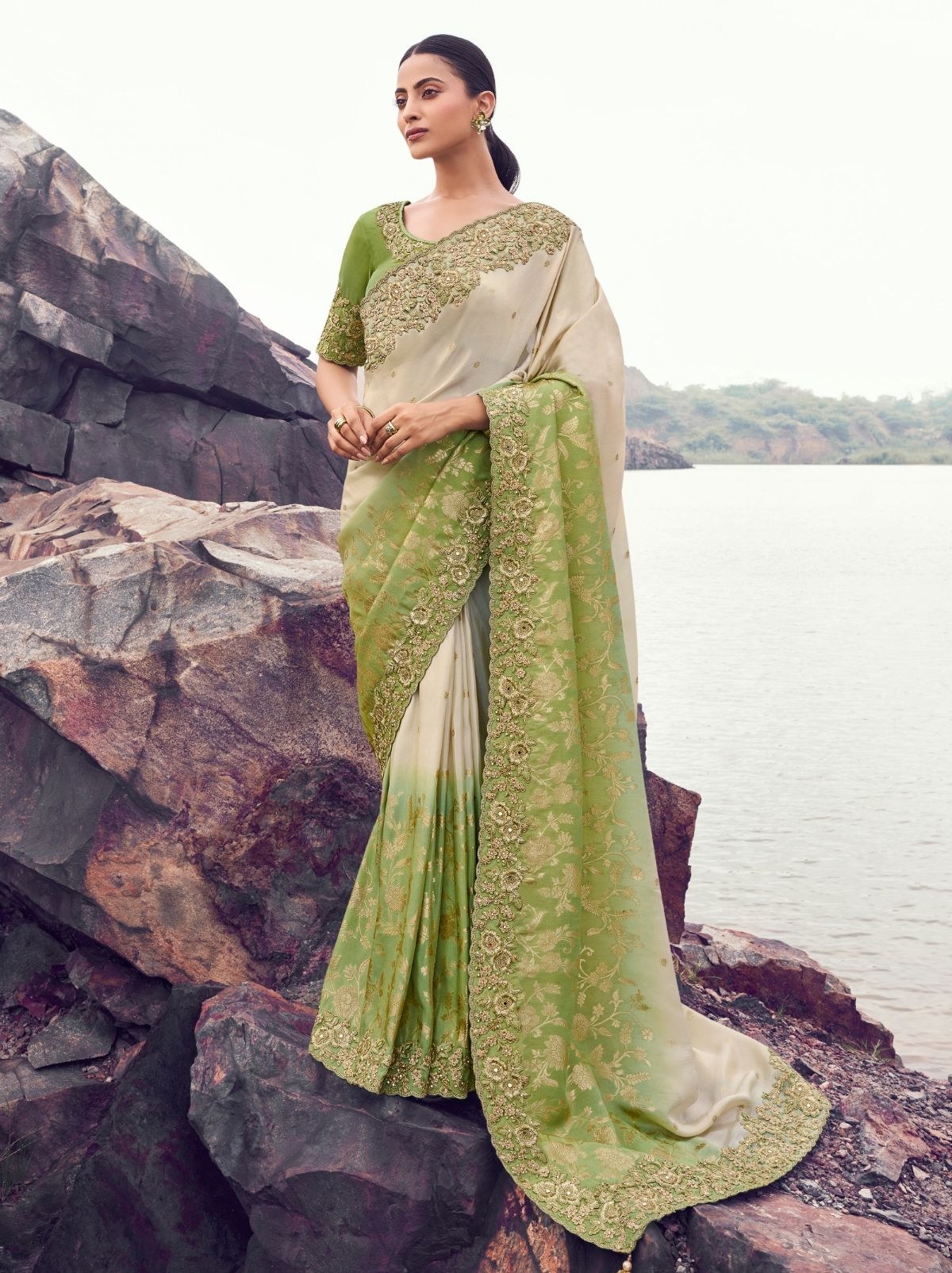 Beige Premium Tissue Silk Saree With Blouse Piece