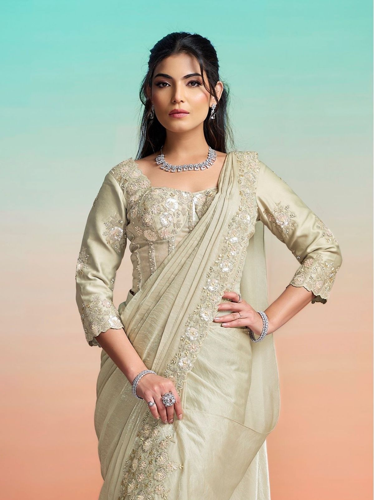 Beige Ready to Wear Premium Satin Silk Pearl Work Saree