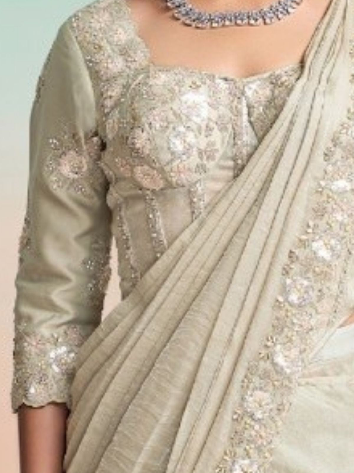 Beige Ready to Wear Premium Satin Silk Pearl Work Saree