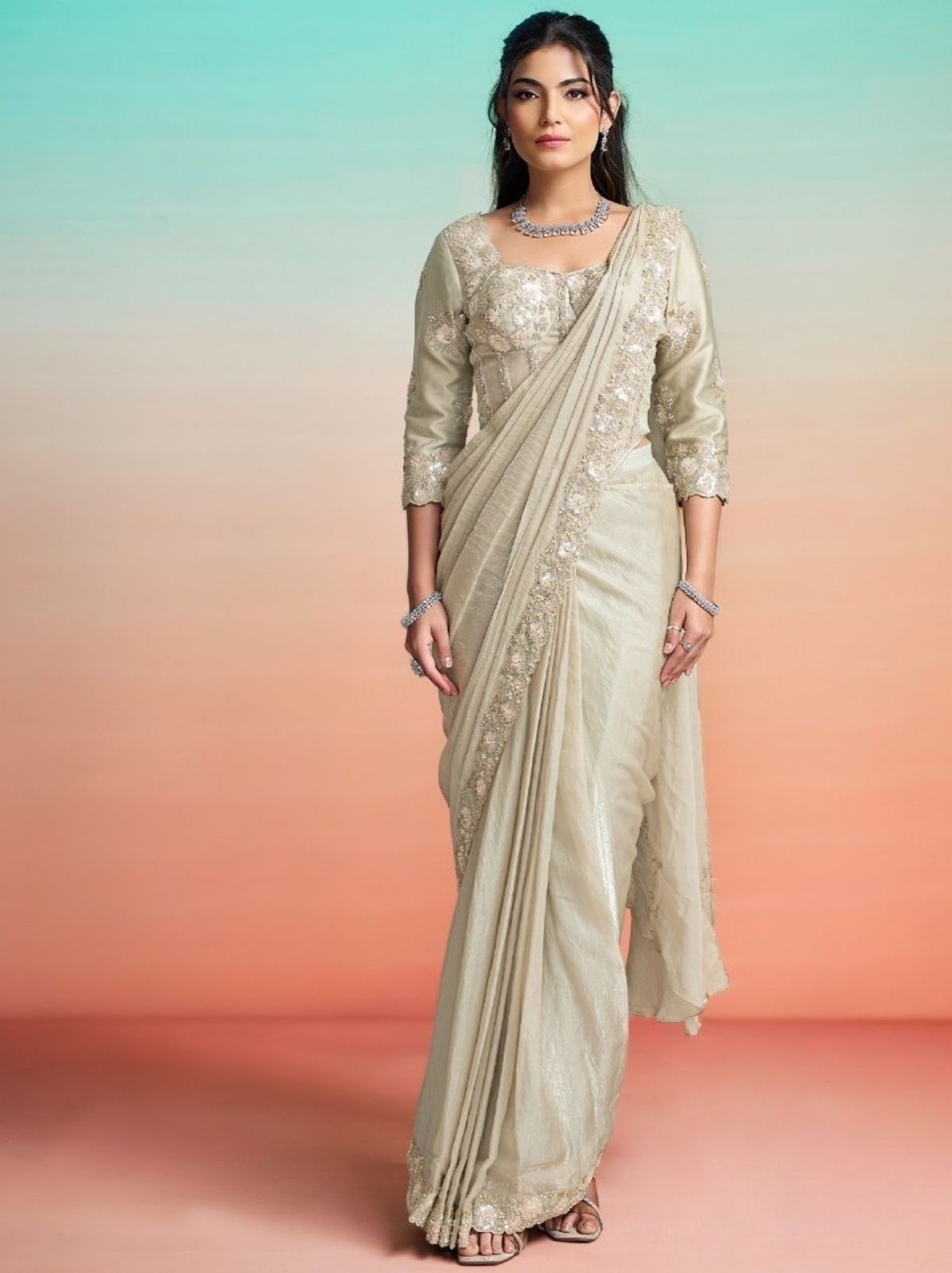 Beige Ready to Wear Premium Satin Silk Pearl Work Saree