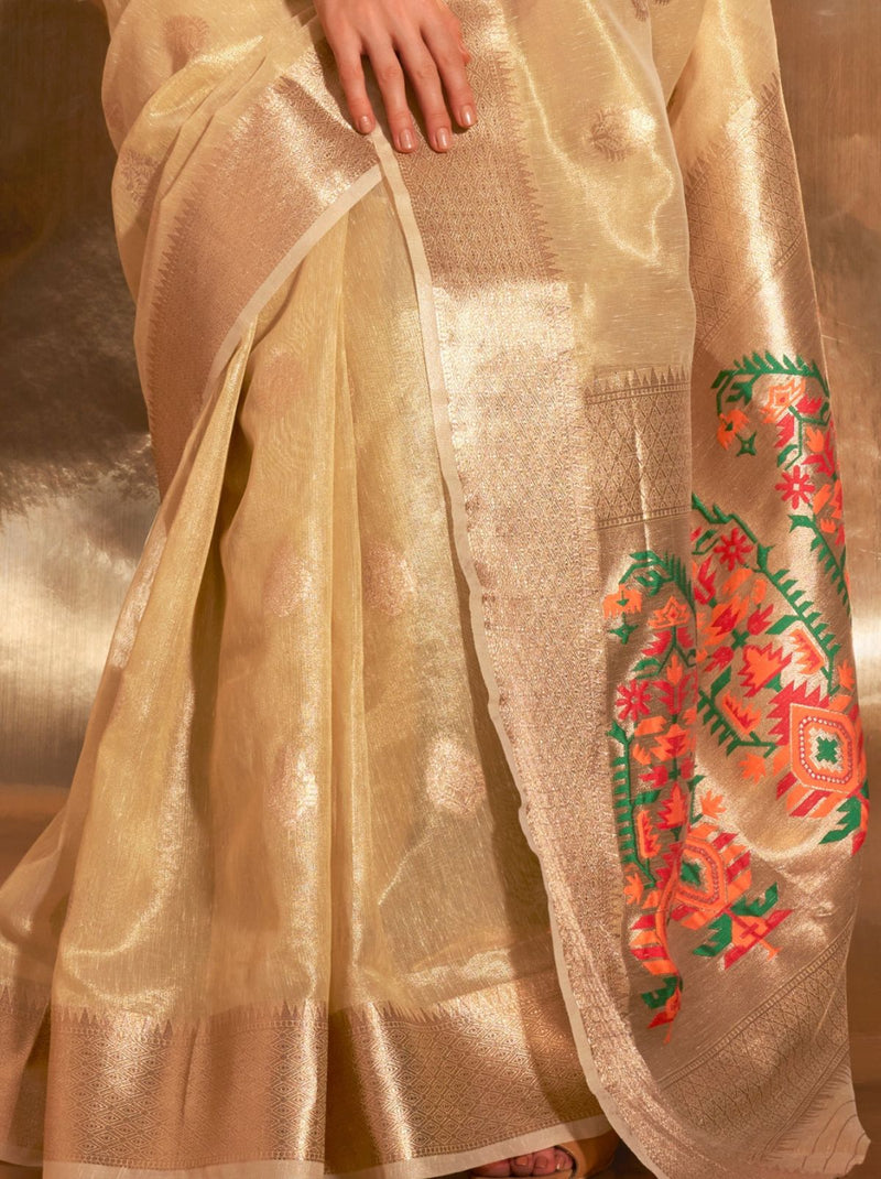 Gold Tissue Paithani Silk Blended Saree - TrendOye