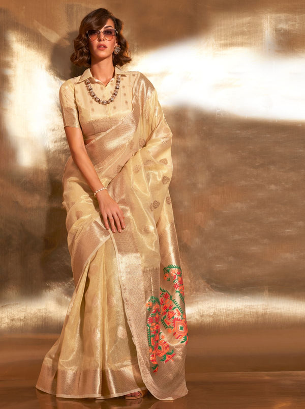 Gold Tissue Paithani Silk Blended Saree - TrendOye