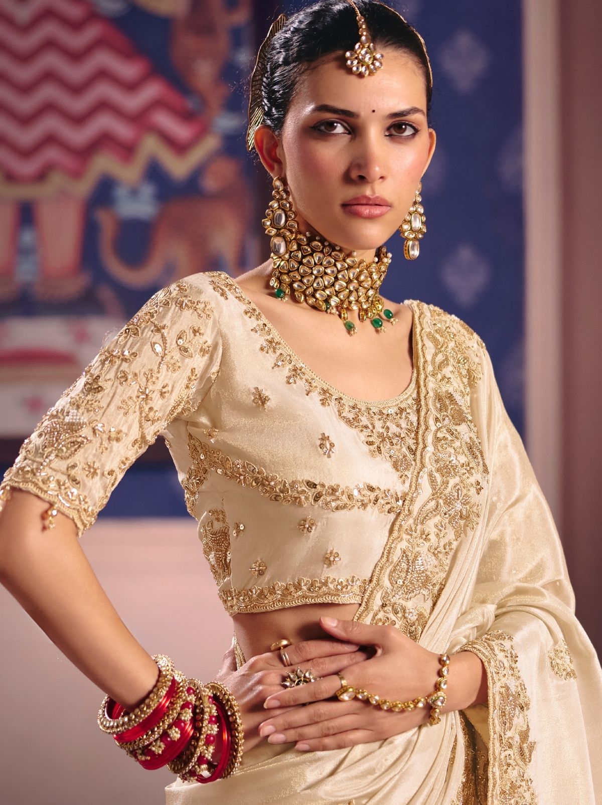 Beige Tissue Silk Saree with Couture Beadwork & Zari Detailing