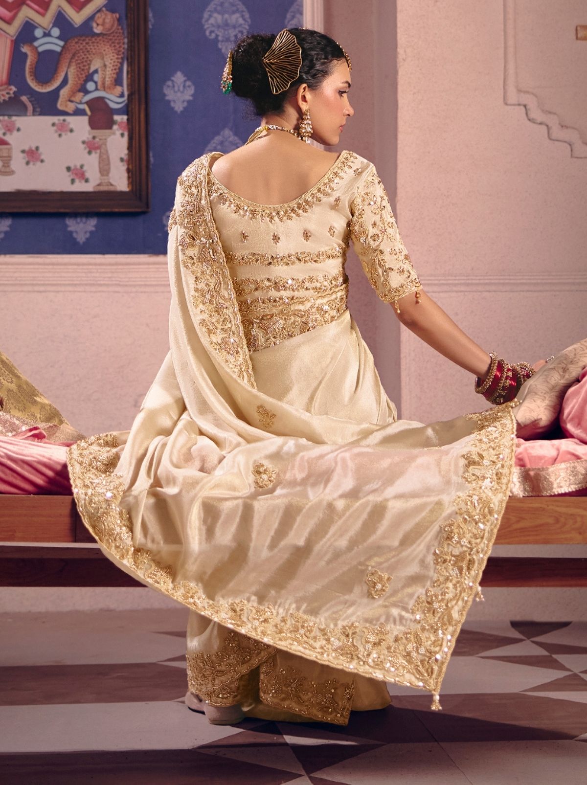 Beige Tissue Silk Saree with Couture Beadwork & Zari Detailing