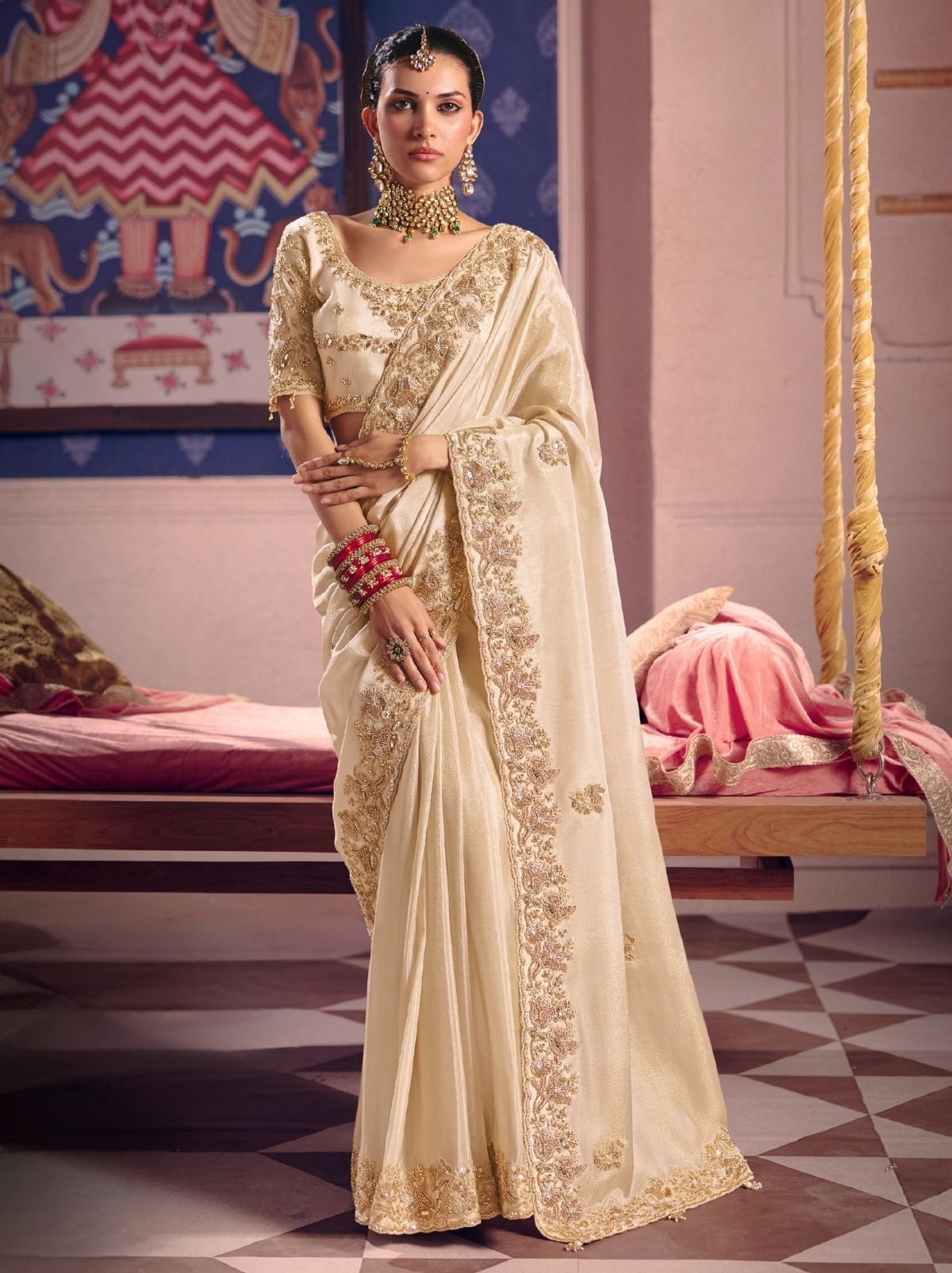 Beige Tissue Silk Saree with Couture Beadwork & Zari Detailing