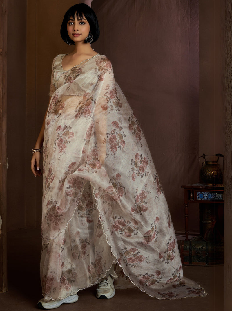 Beige Digital Organza Silk Party Saree