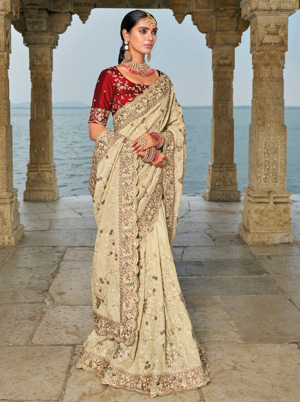 Parchment Beige Wedding Designer Saree