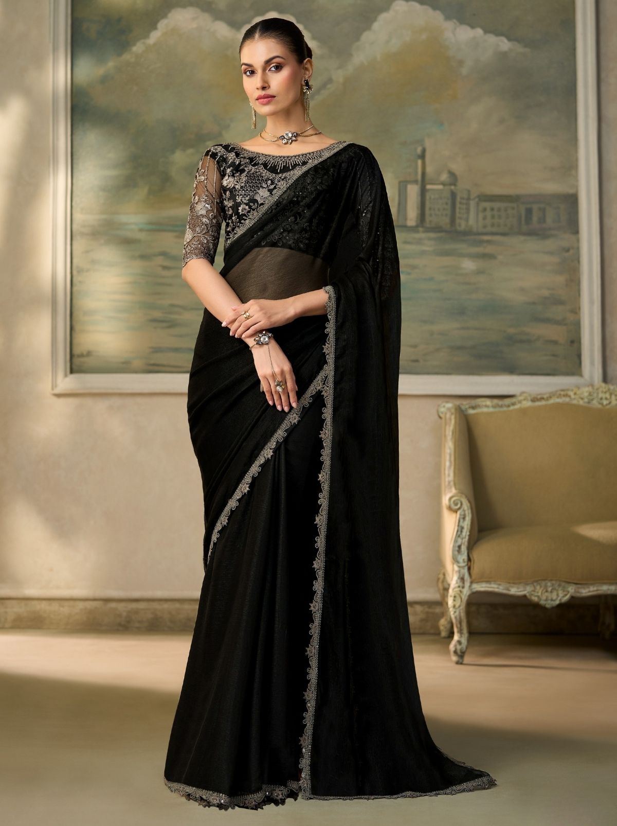 Black Contemporary Sequin Statement Saree