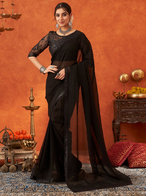 Black Premium Ethnic Designer Saree - TrendOye