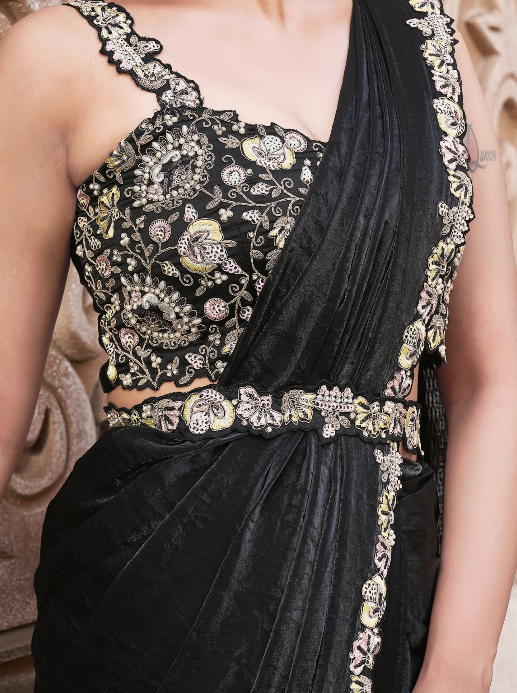 Black Designer Ready To Wear Saree With Stitched Blouse - TrendOye