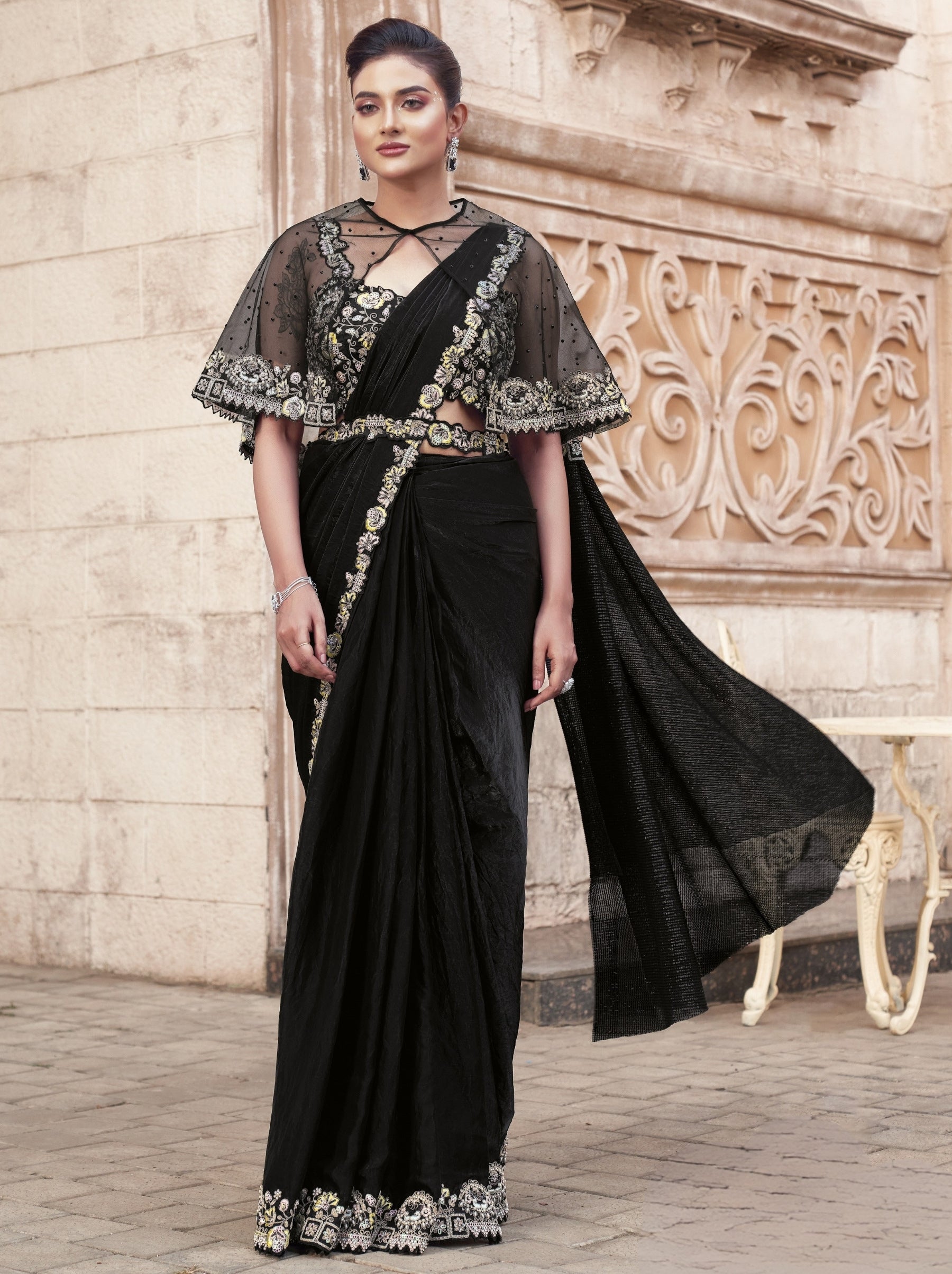 Black Designer Ready To Wear Saree With Stitched Blouse - TrendOye