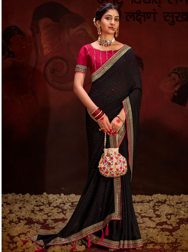 Black Fine Ethnic Designer Silk Saree - TrendOye