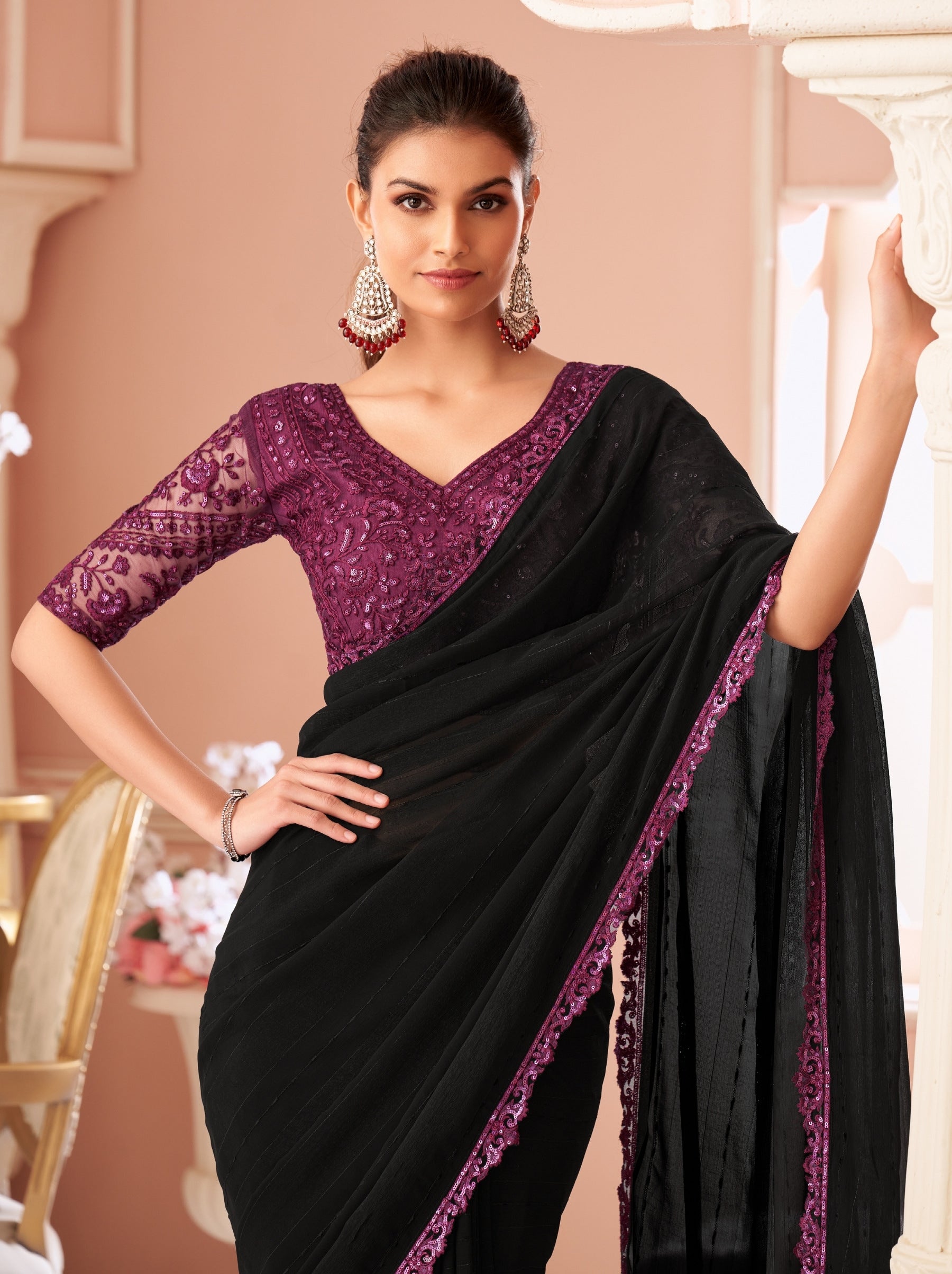 Black Premium Designer Party Saree - TrendOye