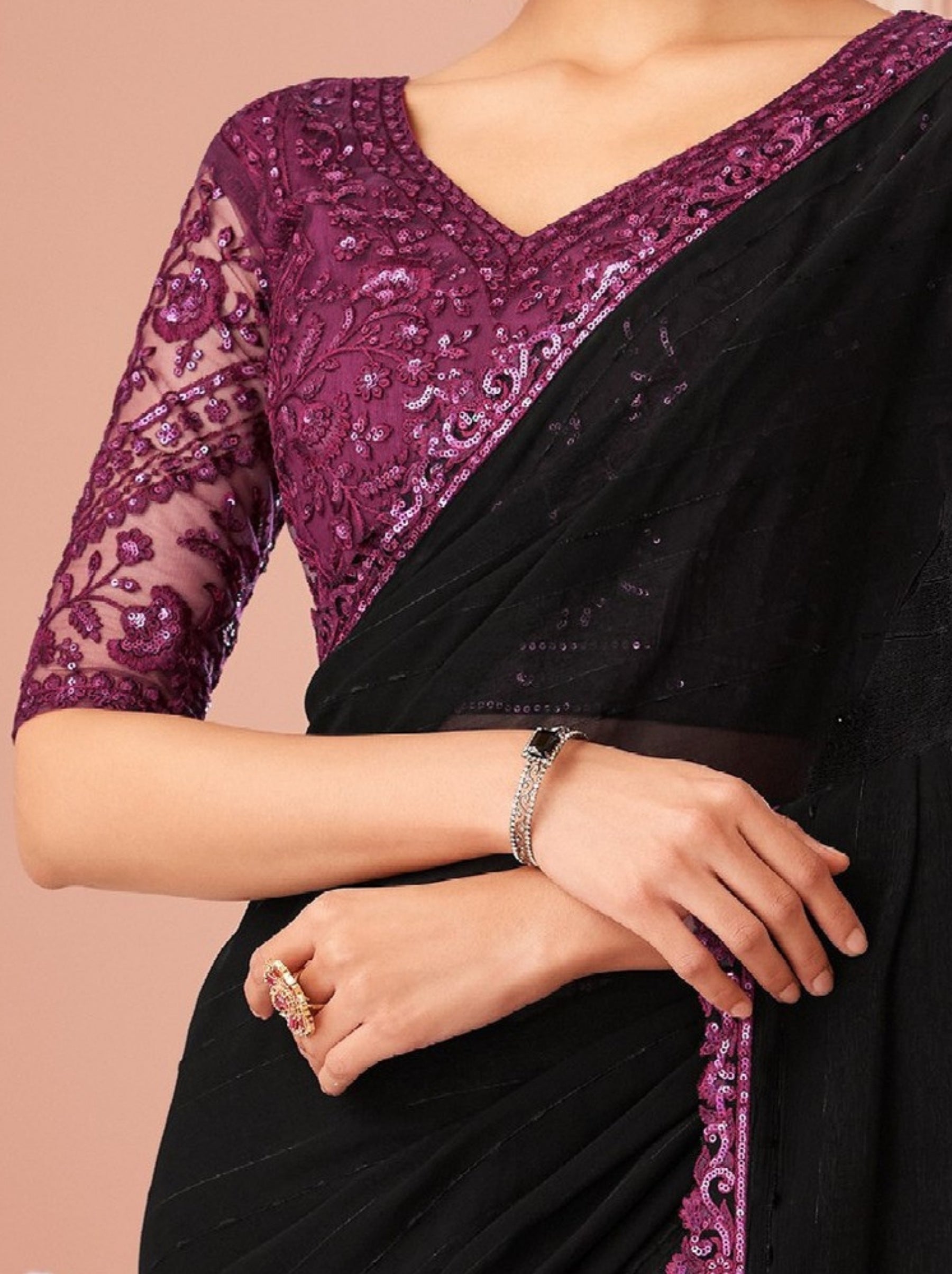 Black Premium Designer Party Saree - TrendOye