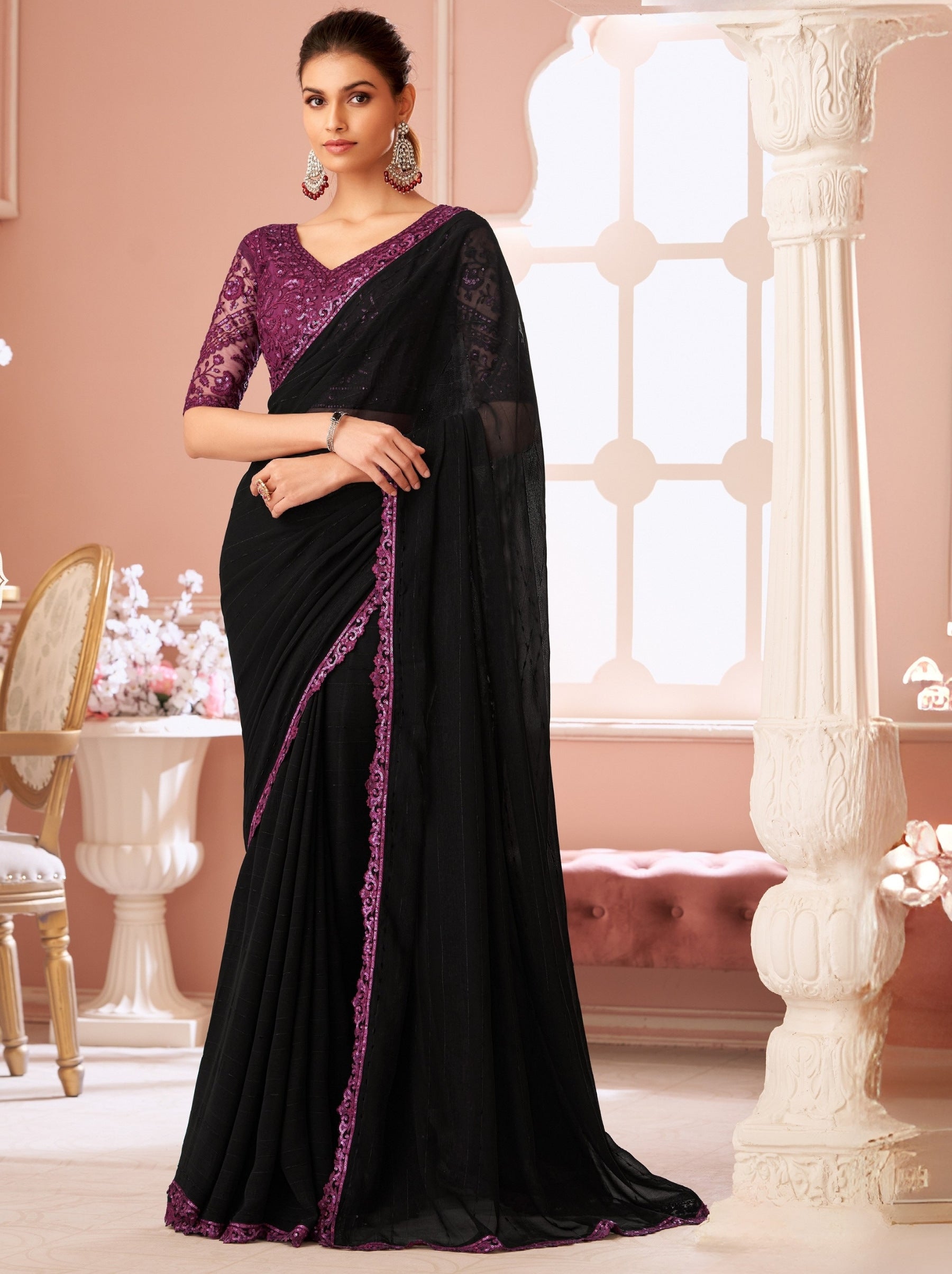 Black Premium Designer Party Saree - TrendOye