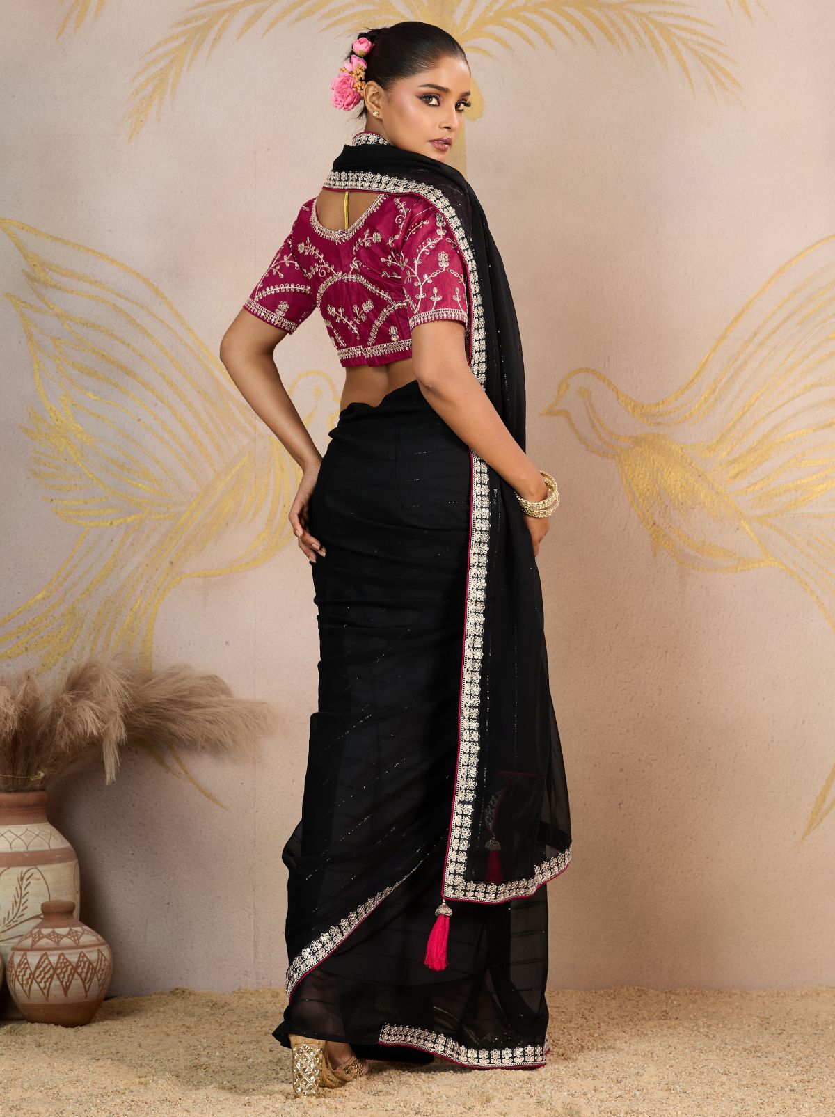 Black Georgette Silk Party Saree with Zari & Sequin Border