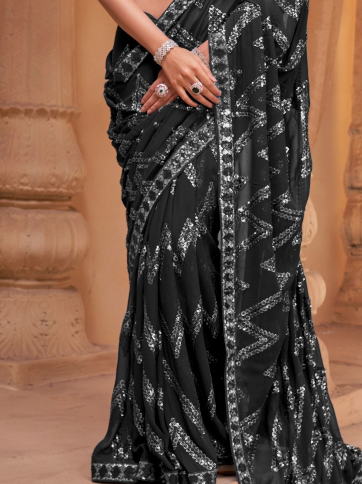 Black Luxury Georgette Silk Saree With Sequin & Thread Work