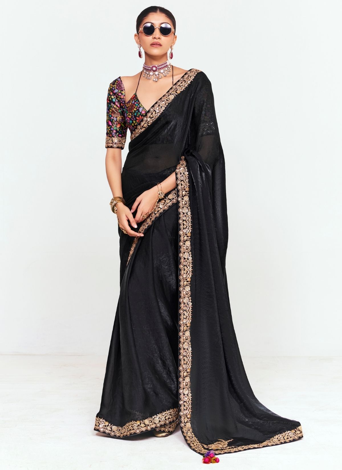 Black Party Fancy Premium Saree With Fine Blouse Piece - TrendOye