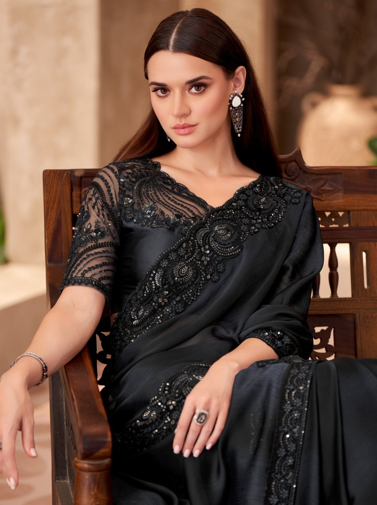 Black Premium Chiffon Saree With Blouse Piece