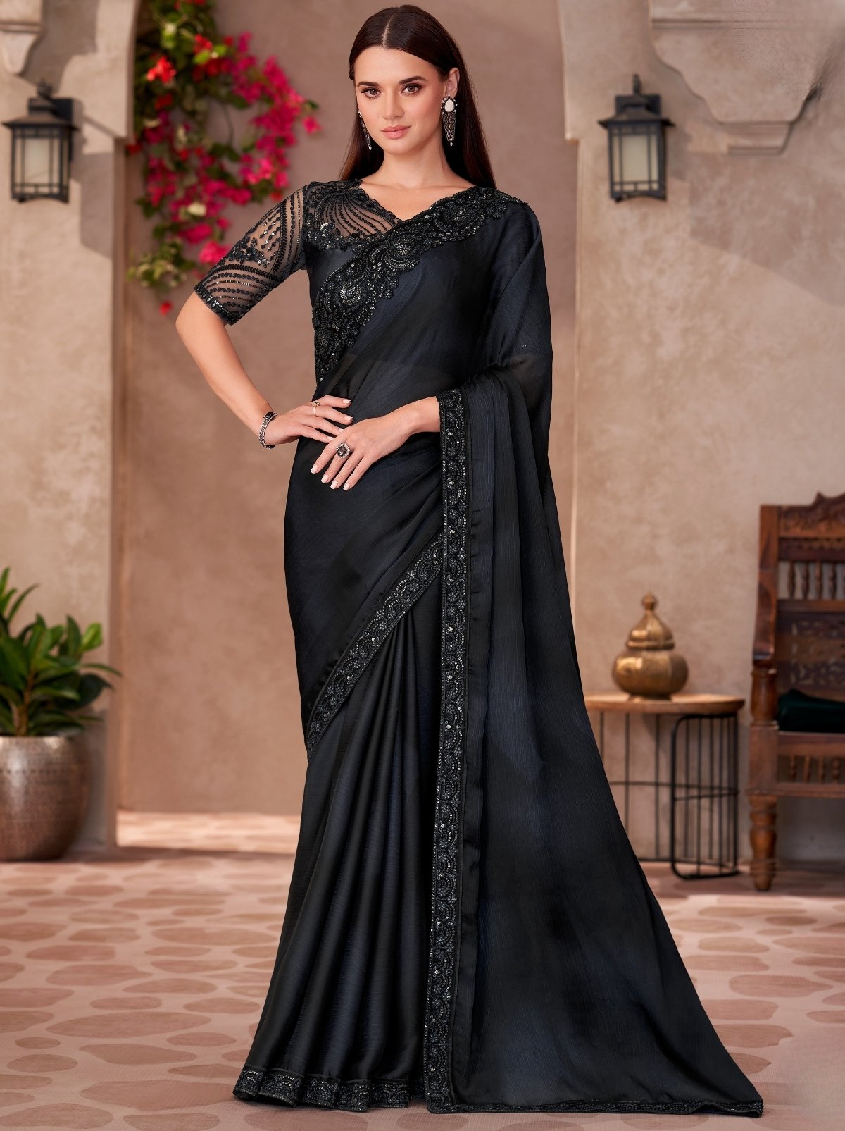 Black Premium Chiffon Saree With Blouse Piece