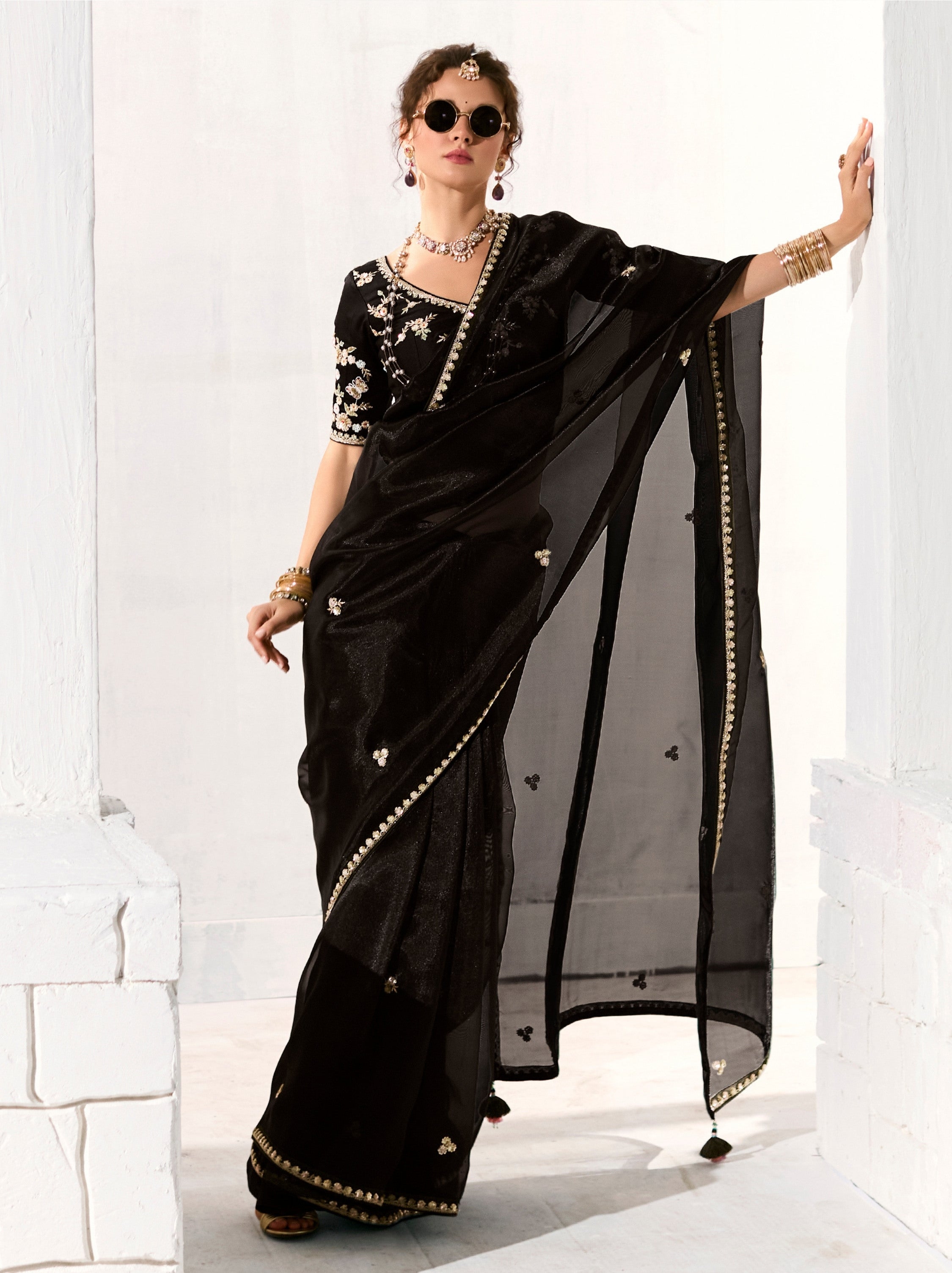 Black Organza Premium Ethnic Designer Saree With Blouse Piece
