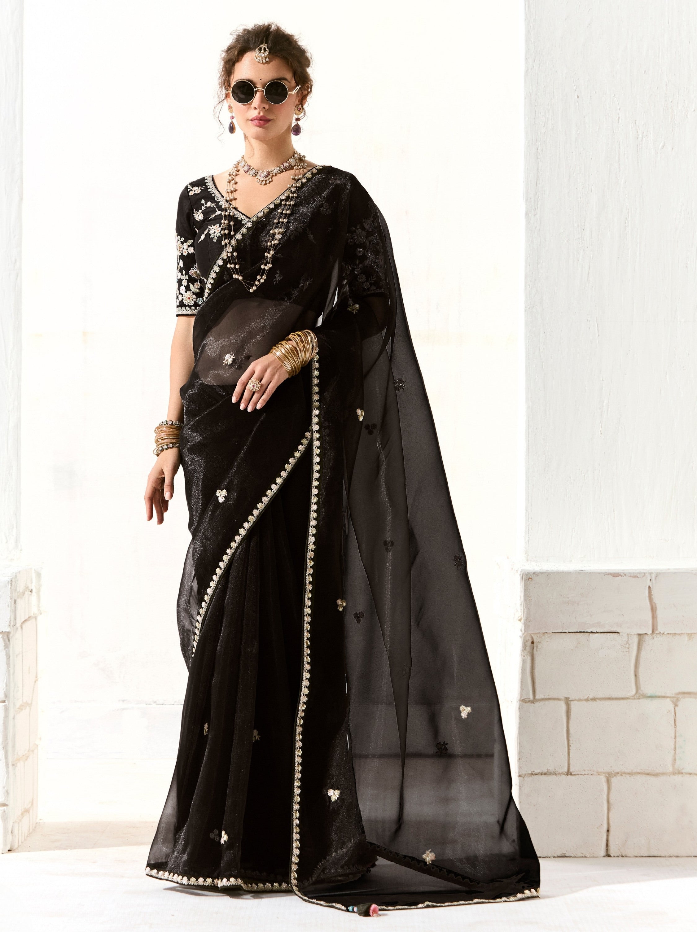 Black Organza Premium Ethnic Designer Saree With Blouse Piece