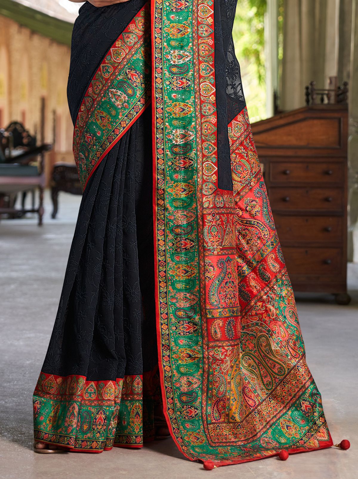 Black Premium Georgette Saree With Lucknowi Chikan Work