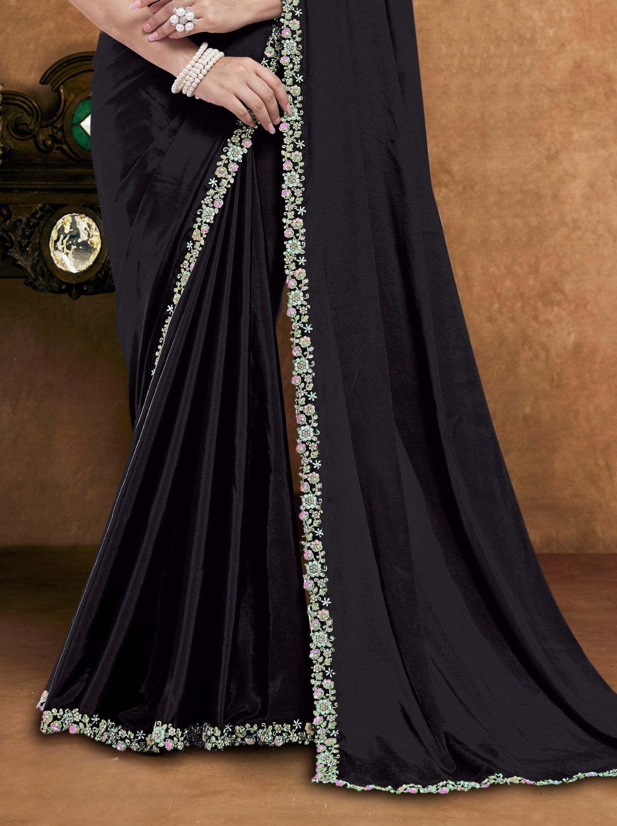 Black Premium Reception Wear Saree With Unstitched Blouse