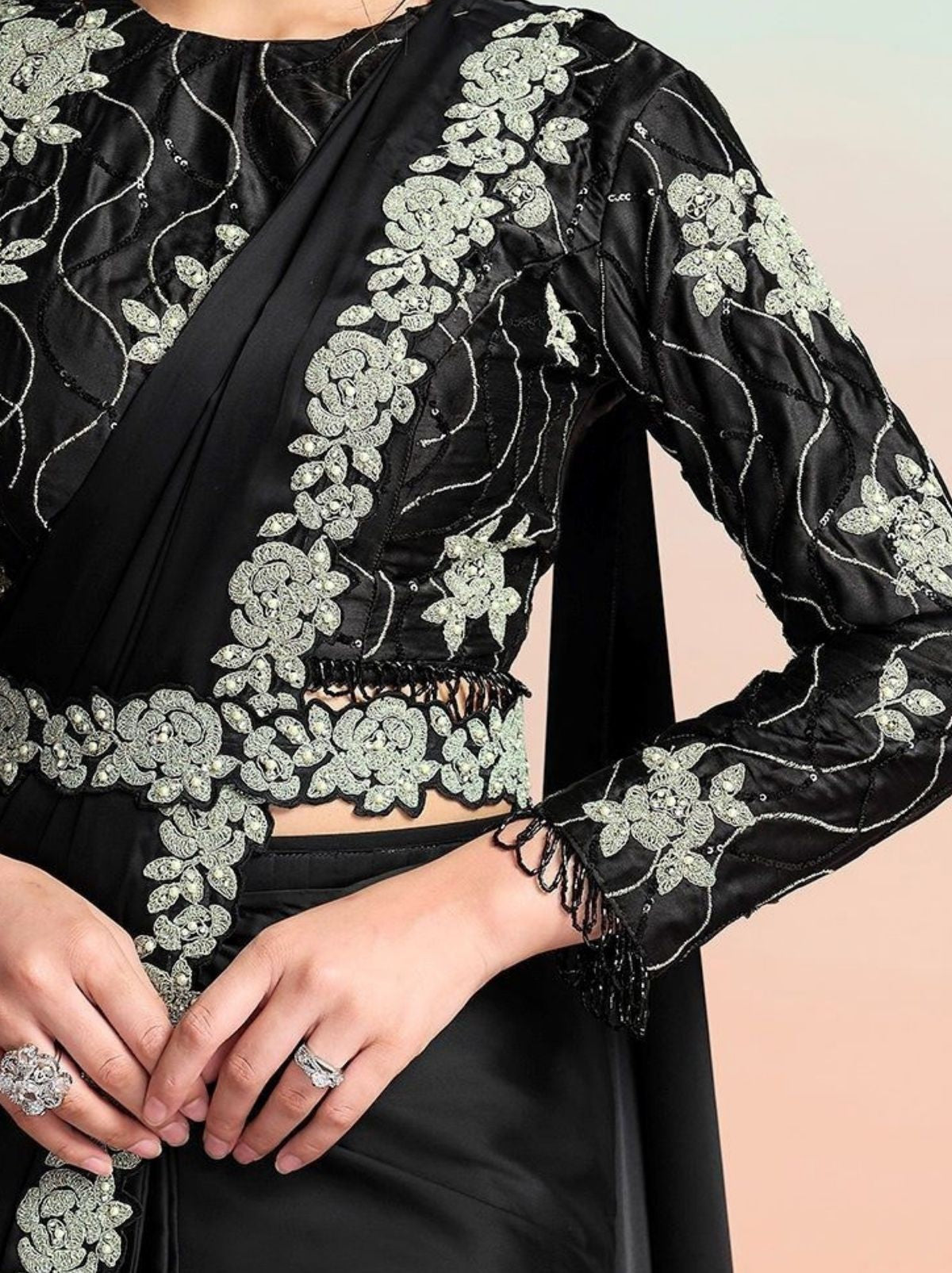 Black Premium Satin Silk Ready to Wear Saree with Belt
