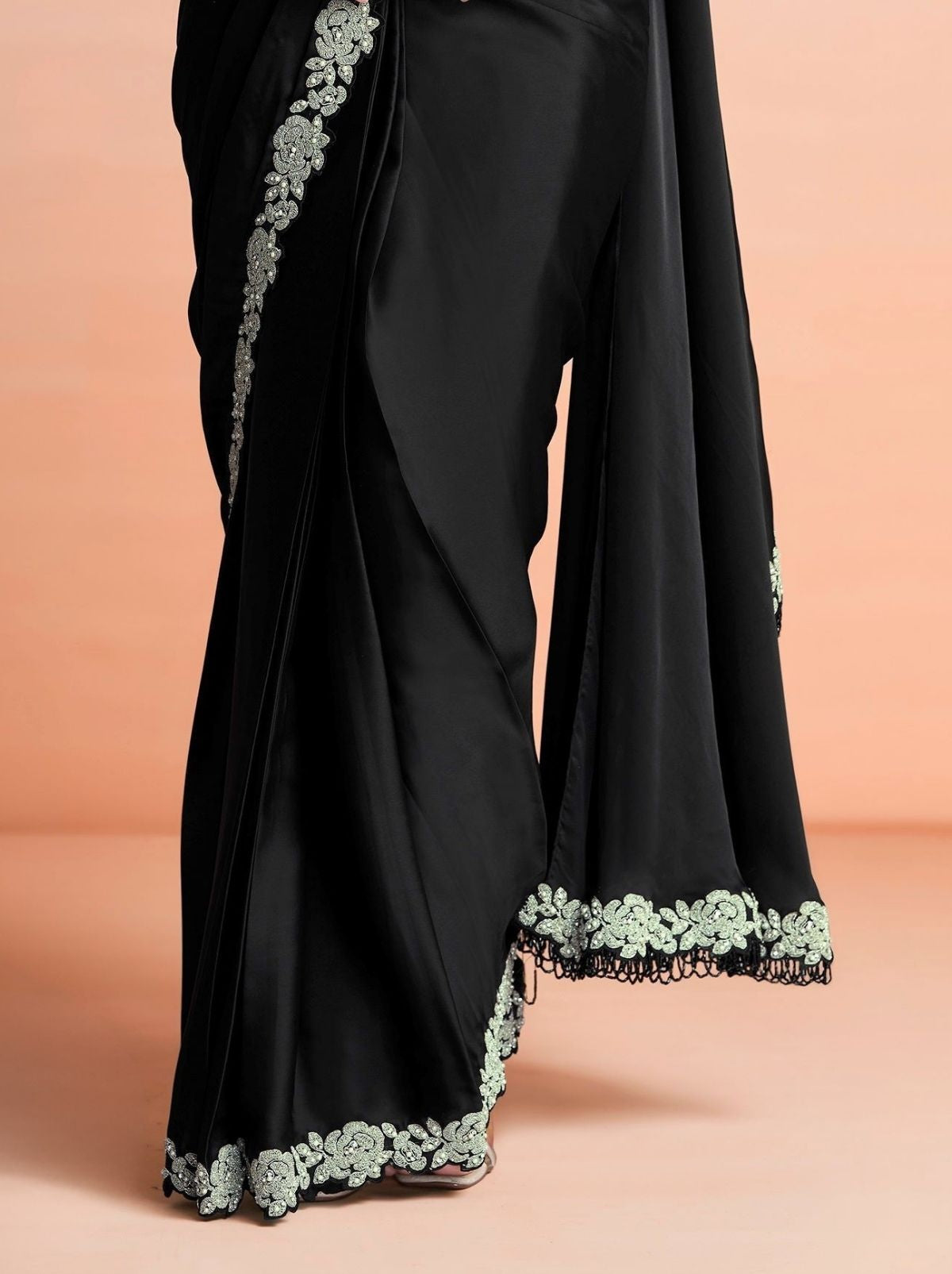 Black Premium Satin Silk Ready to Wear Saree with Belt