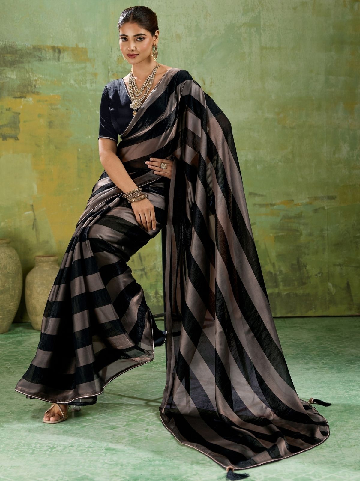Black Premium Velvet Satin Saree With Tassel Work