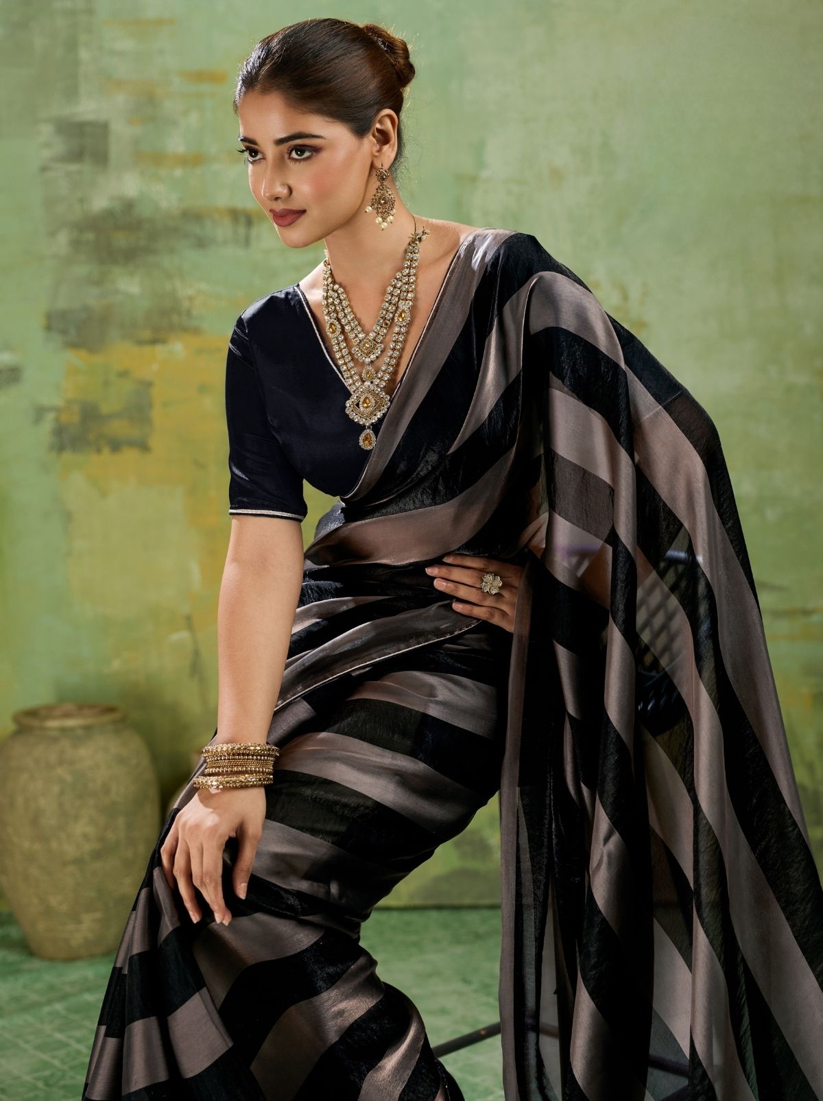 Black Premium Velvet Satin Saree With Tassel Work