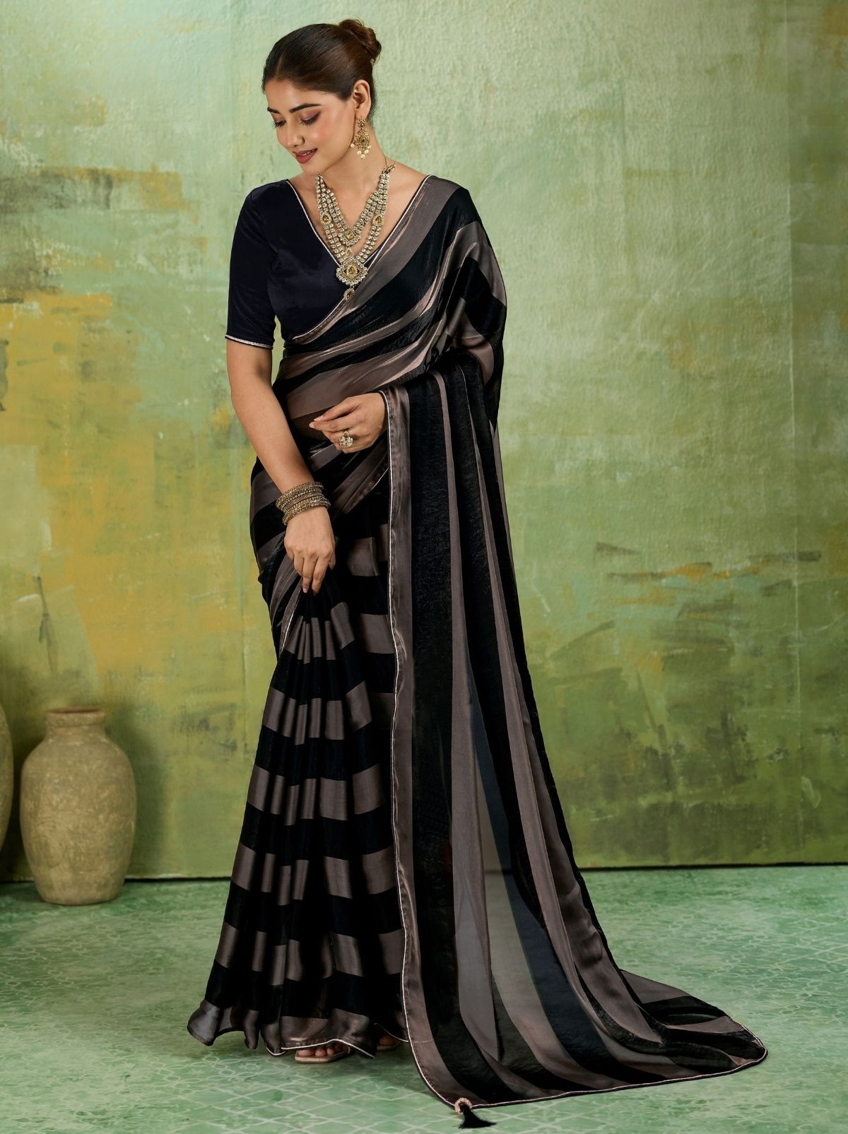 Black Premium Velvet Satin Saree With Tassel Work