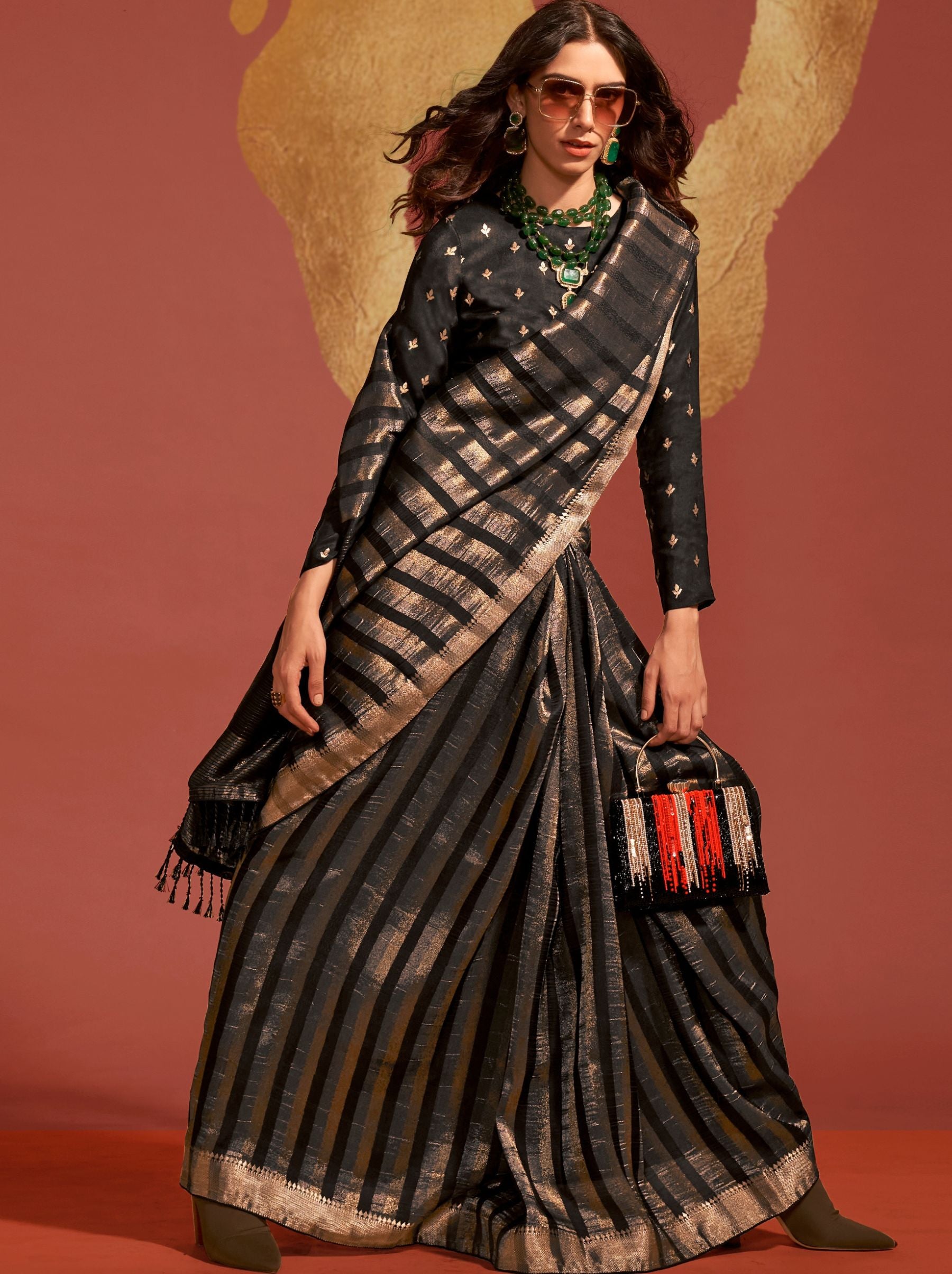 Metal Black Handwoven Silk Saree - TrendOye